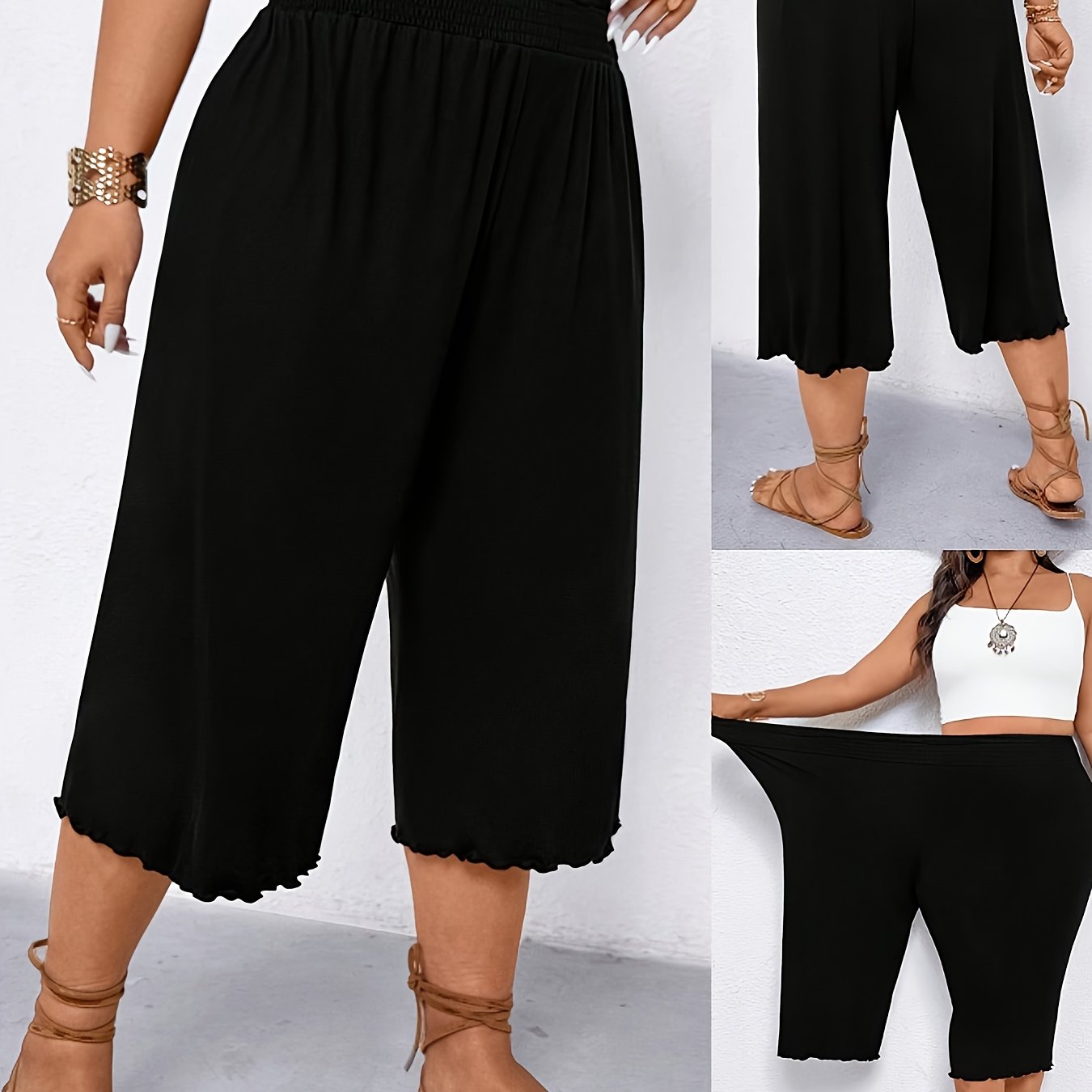 E-shop Plus Size, Damen Flared Weitbeinige Hosen, Schwarze Capri-Hosen mit Gummizug Weitem Bund