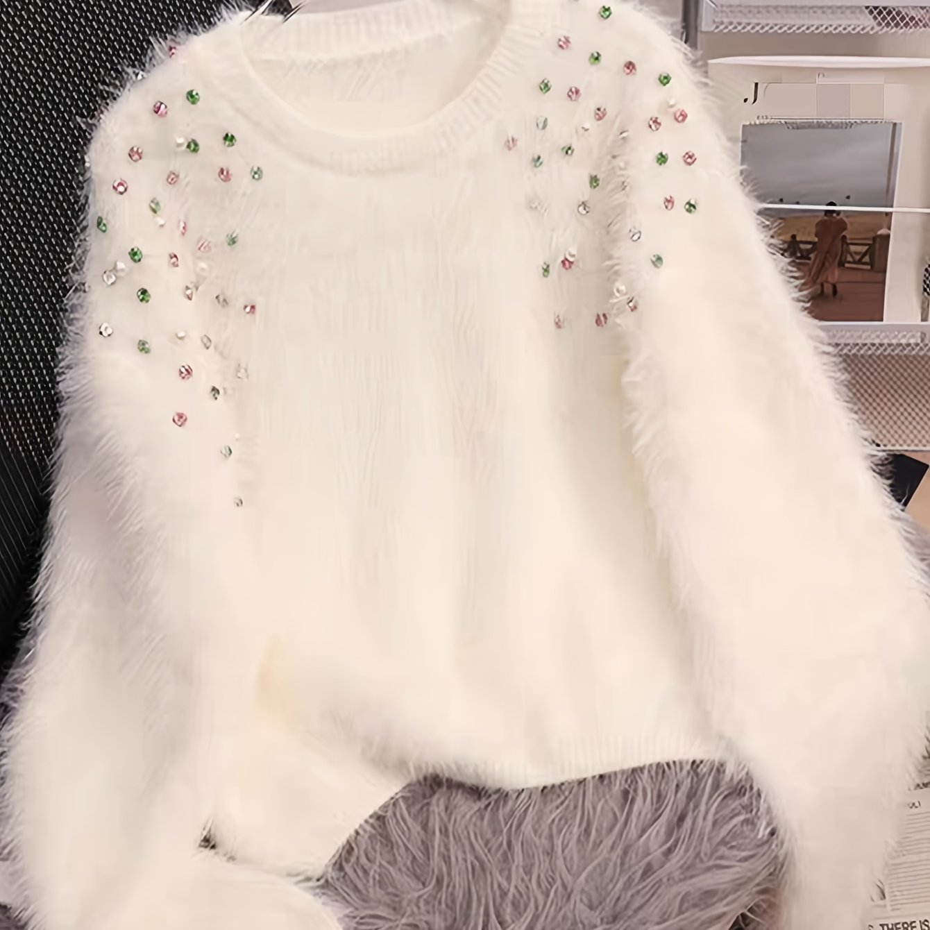 Image of Autumn And Winter New Women's Clothing And Sticky Plush Sweater Heavy Three-dimensional Rhinestone Knitwear Pullover Top Outerwear