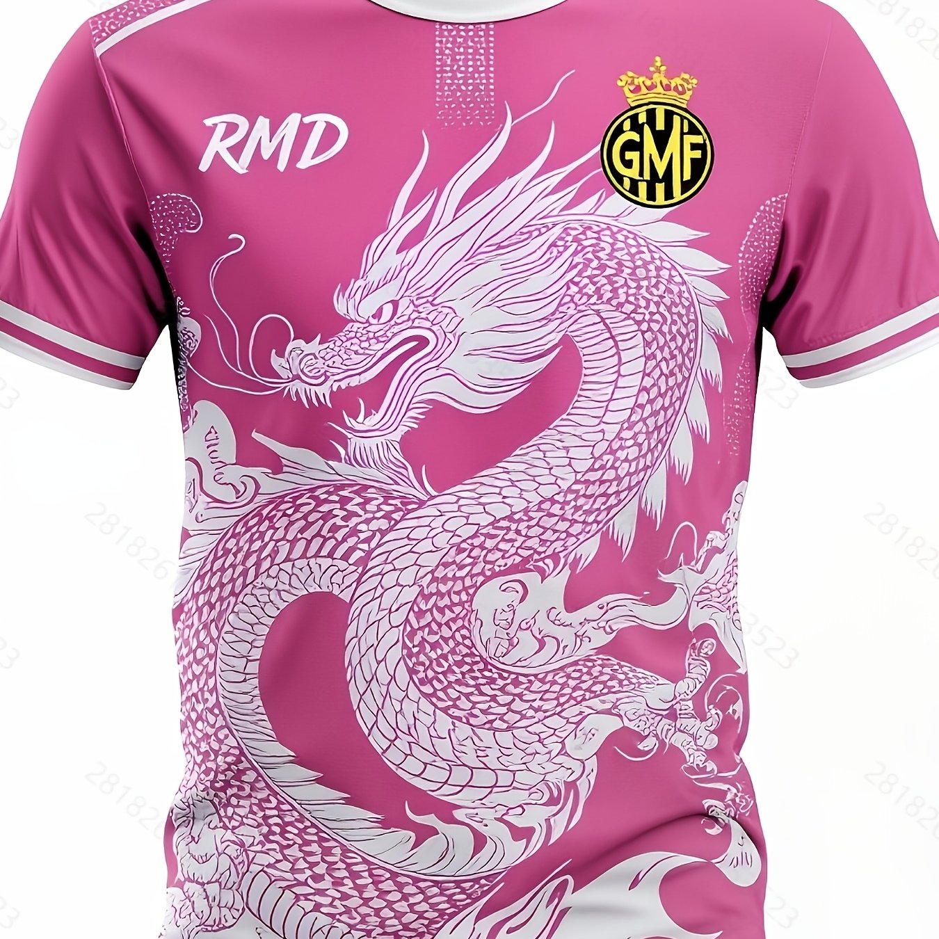 TEMU Dragon Pattern Print T-shirt In Pink And White, Featuring Dragon Designs And Rmd Text