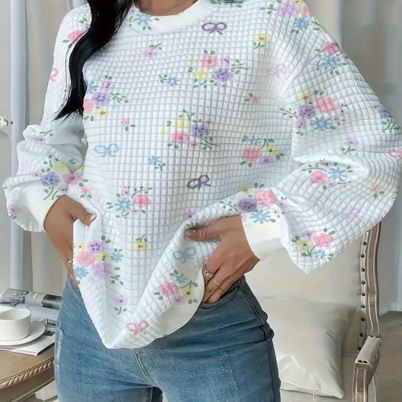 TEMU Plus Size - Women's Casual Round Neck Waffle Sweater-abstract Fashion Print, Loose Long-sleeved Pullover, Machine-washed Autumn And Coat, Cute