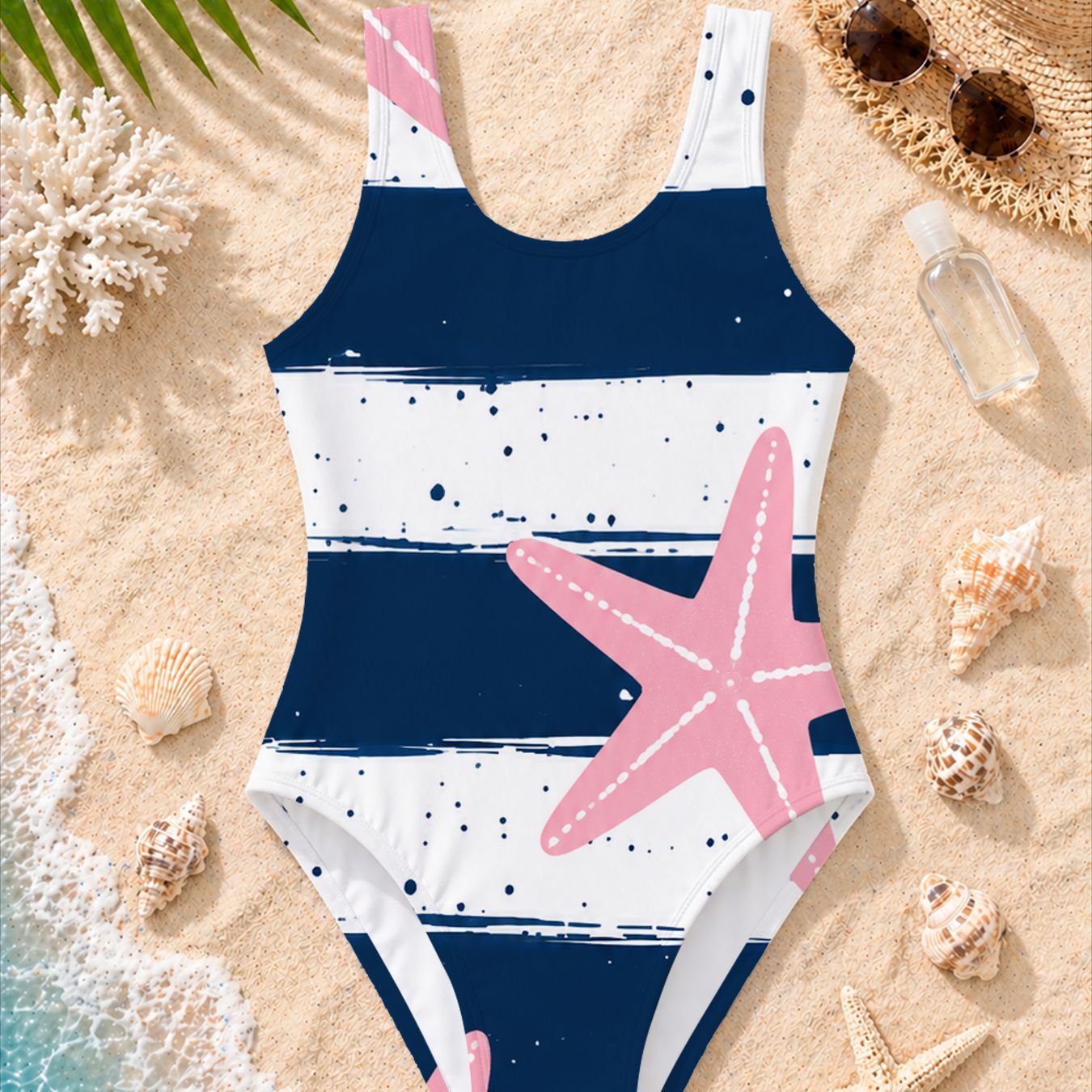 Nautical ' Swimsuit, Starfish Pattern, Beach Scene Swimming Pool