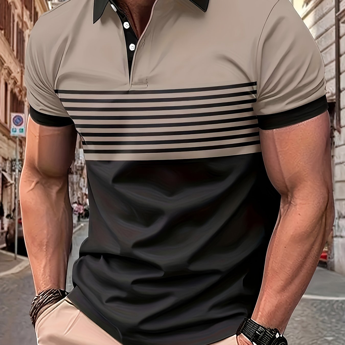 TEMU Camisa Casual Y A Para Hombre Con Líneas Geométricas Y Estampado 3D De Combinación , Ropa De Golf Para Exteriores, Ropa De Verano, Camisa De