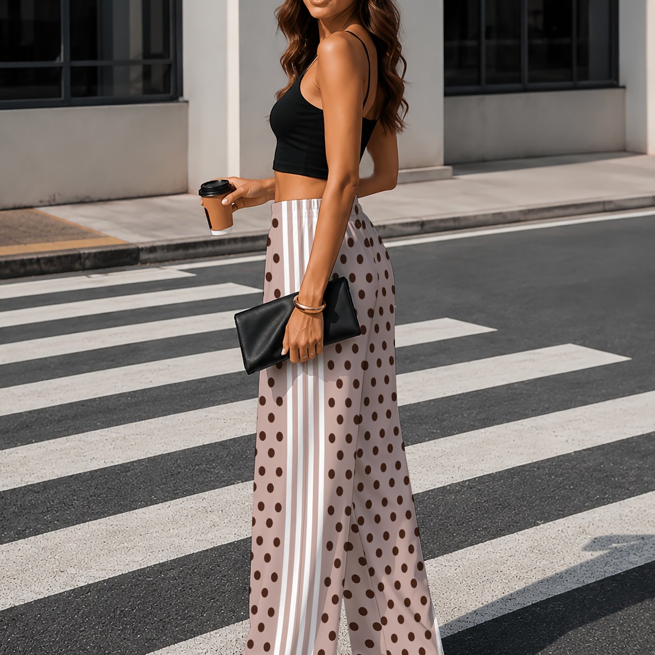 TEMU Plus Size - Plus-size Women's Wide-leg Pants, New And Fashionable Women's Clothing, Wide-leg Trousers With Polka Dot Side Stripes, High-waist,