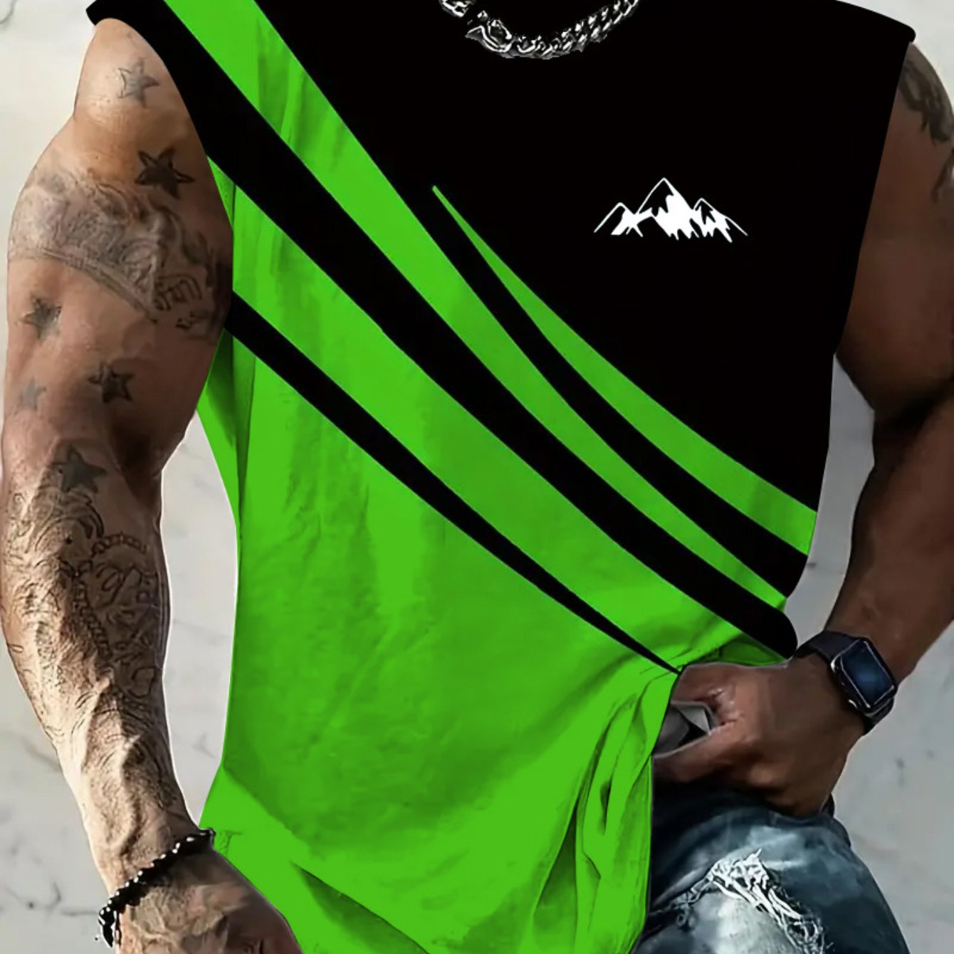 Men's Plus Size Wide-strap Tank Top, Mountain -block Sleeveless Shirt, Stylish Sports Fitness Casual Vest, European- Loose And Breathable Trendy Men's Vest