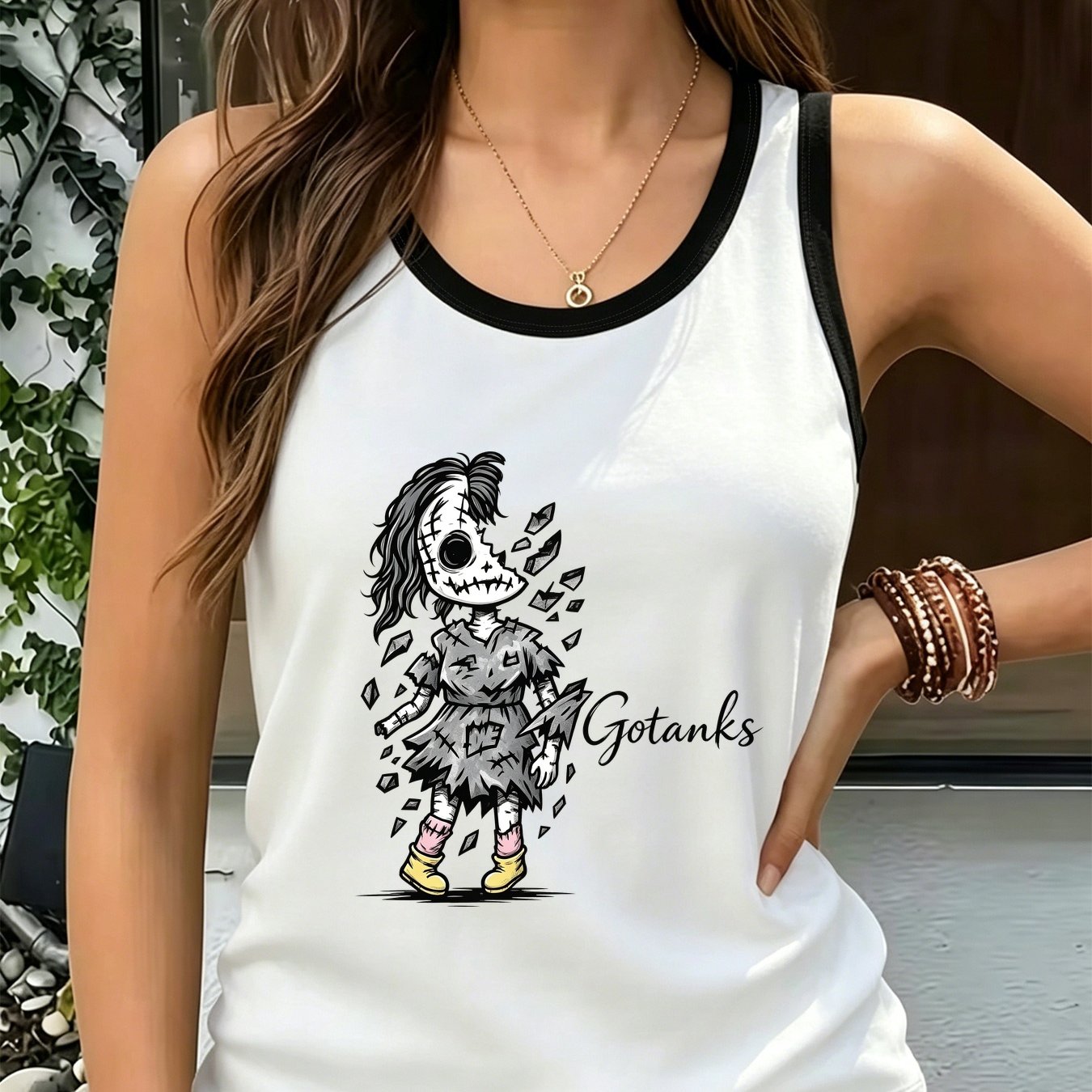 TEMU Women' Sleeveless Pattern Tank Top - Gothic Horror Theme Crew Neck Suitable For Halloween Outfits, Themed Events & Casual Attire, Machine