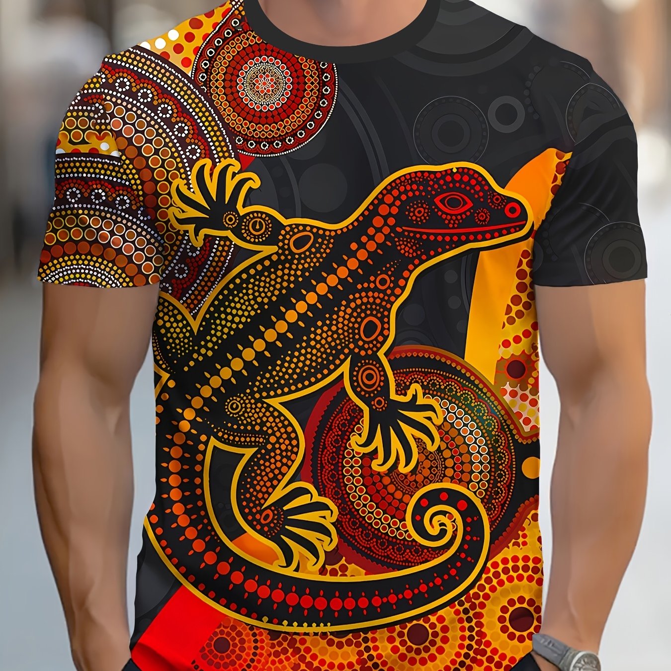 TEMU [printed Design - Not Textured] 1pc Men's Lizard Pattern Print T-shirt - Vibrant Orange/yellow/red//gray On A Dark Background, Regular Neck