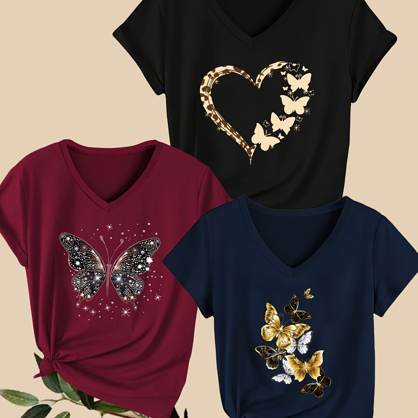 TEMU X318A18 Ensemble de 3 T-shirts créatifs à imprimé papillon volant et dansant pour femmes, printemps, été et automne, décontractés, sportifs, col