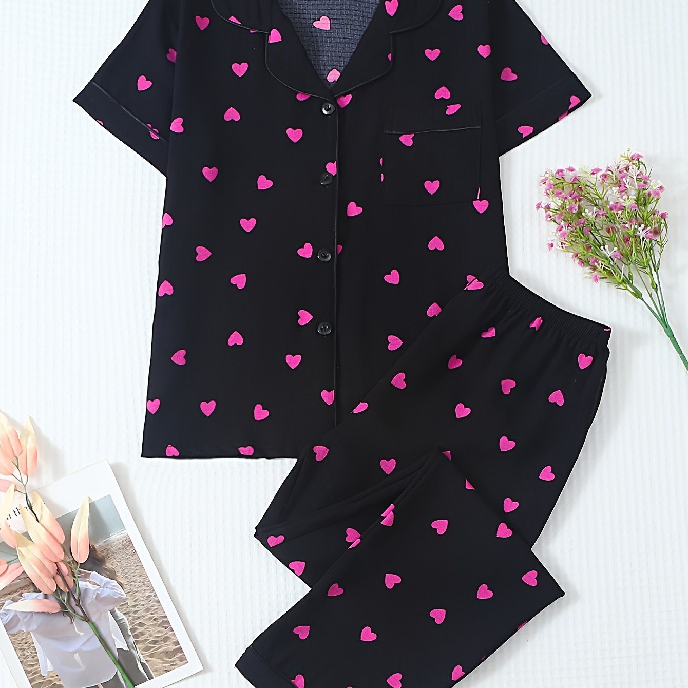 TEMU Spring/summer Women's Casual Valentine's Day Heart Print Lapel Pajama Set, Comfortable Button-up Top And Long Pants With Elastic Waistband, 2pcs