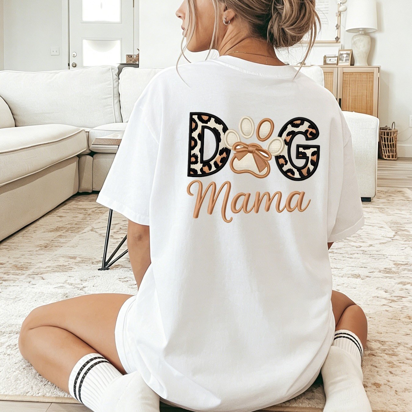 Plus Size, 2d Flat Gentle Style Dog Mom Letter Paw Print Front And Back Double Print Short Sleeve T-shirt Pet Lovers Style Loose All-match Casual Women's Wear, 2d Flat