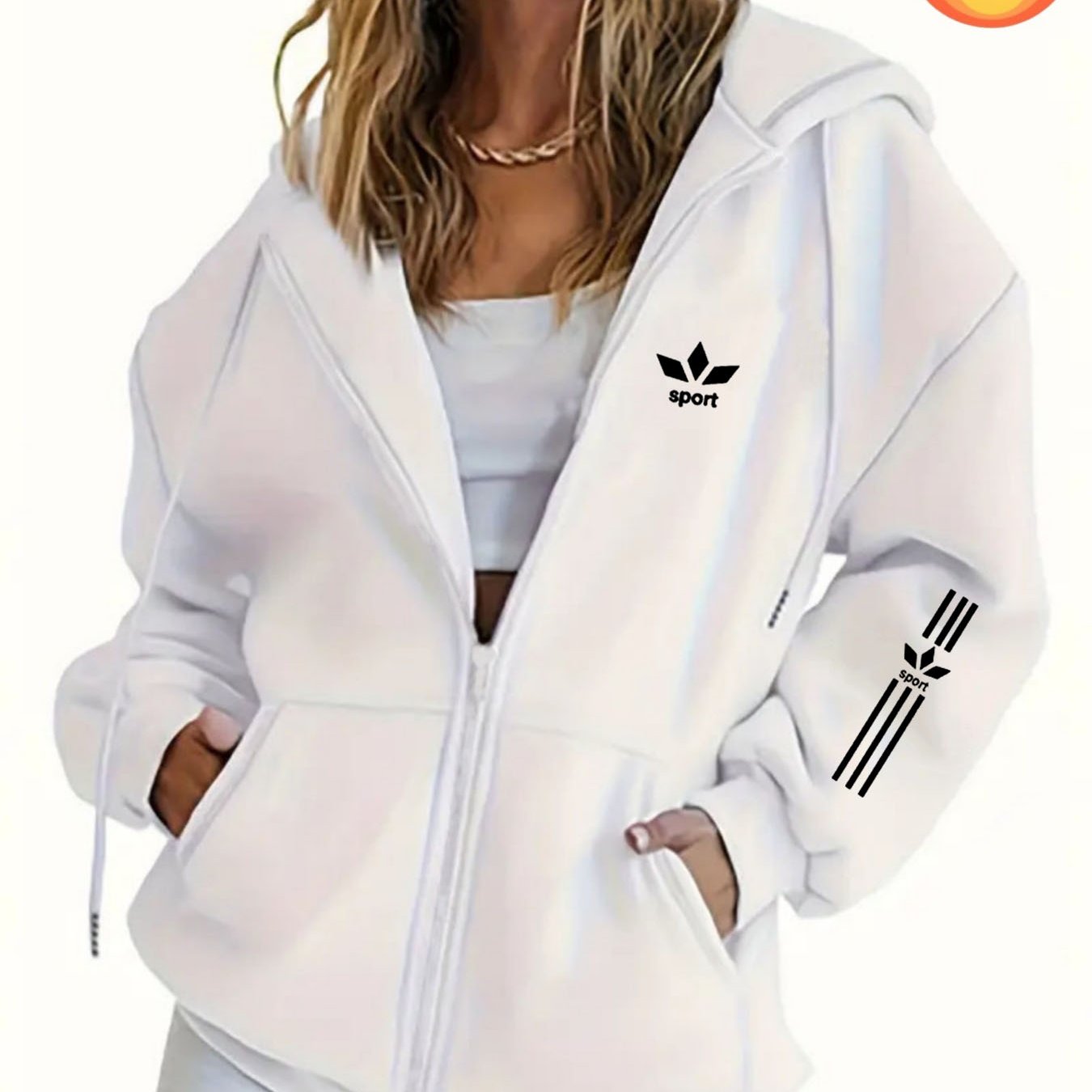 TEMU Women's Casual Zip-up Hoodie With Letter Geometric Print, Machine Washable Lining, Warm Autumn/winter Sweatshirt, Cute Design, Comfortable Wear