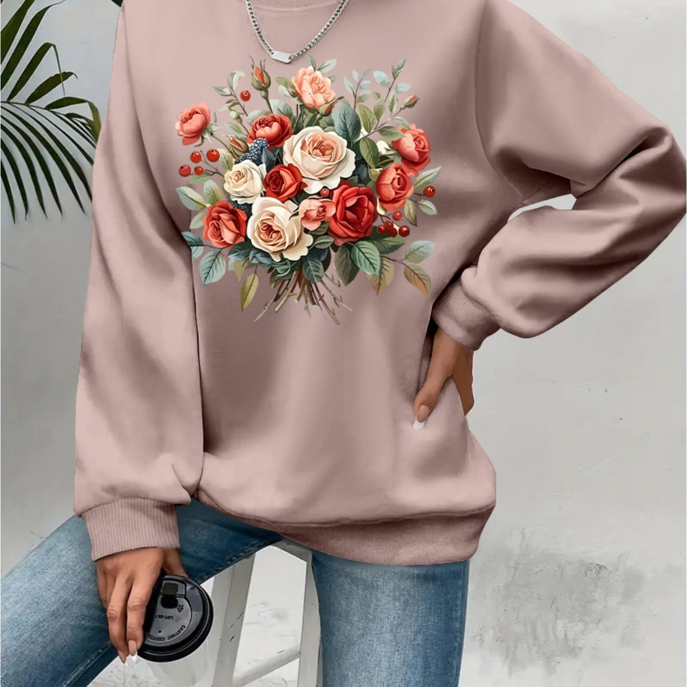 TEMU Comfortable Floral Print Crew Neck Sweatshirt - Soft And Casual Long Sleeve, Suitable For Women' Wear , Autumn, And Winter