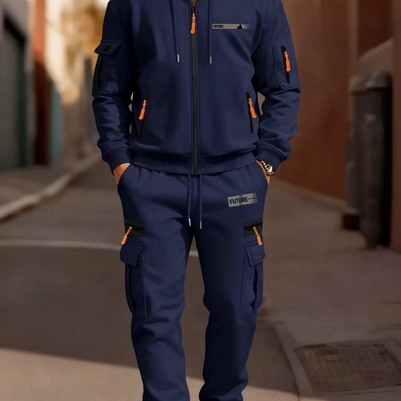 TEMU New Outdoor Men's Printed Hooded Cardigan Sweatshirt And Sporty Casual Cargo Pants 2pcs Set