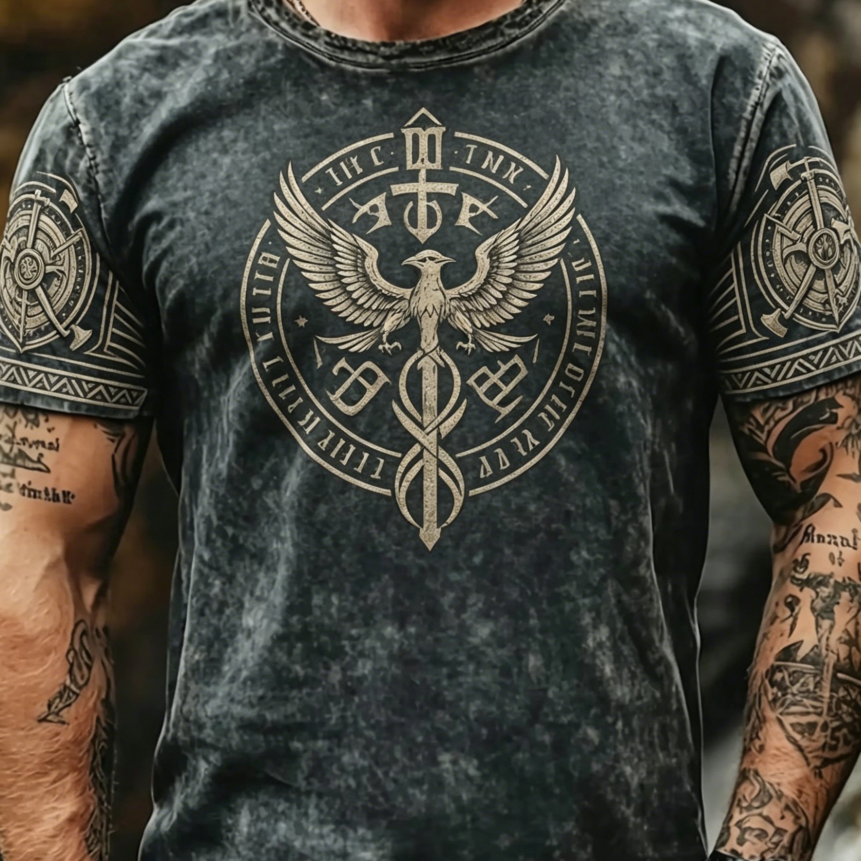 TEMU Print Design - Not Textured 's Distressed Washed Short Sleeve T-shirt, Eagle Sword Retro Round Print, Round Neck Summer Short Sleeve, Plus Size