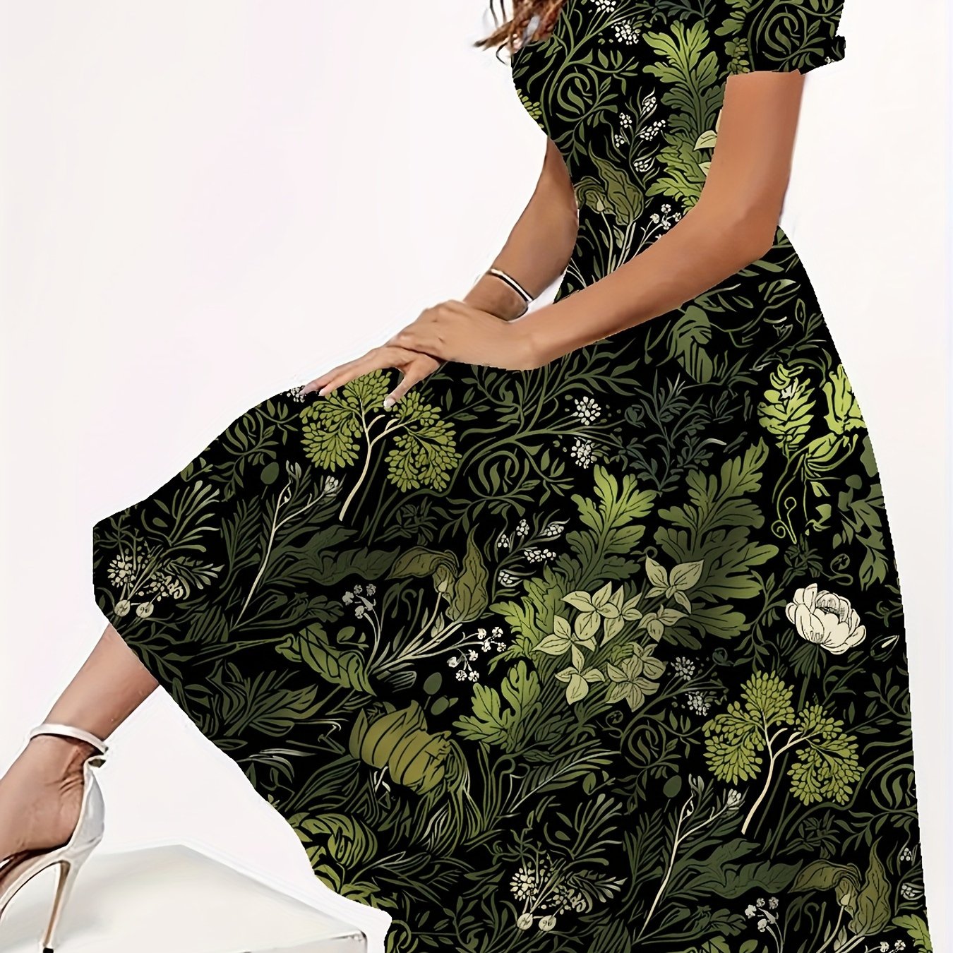 Plus-size Elegant Dress, Women's Long-sleeve Round-neck Dress With Floral Print, Slightly Stretchy And Machine Washable