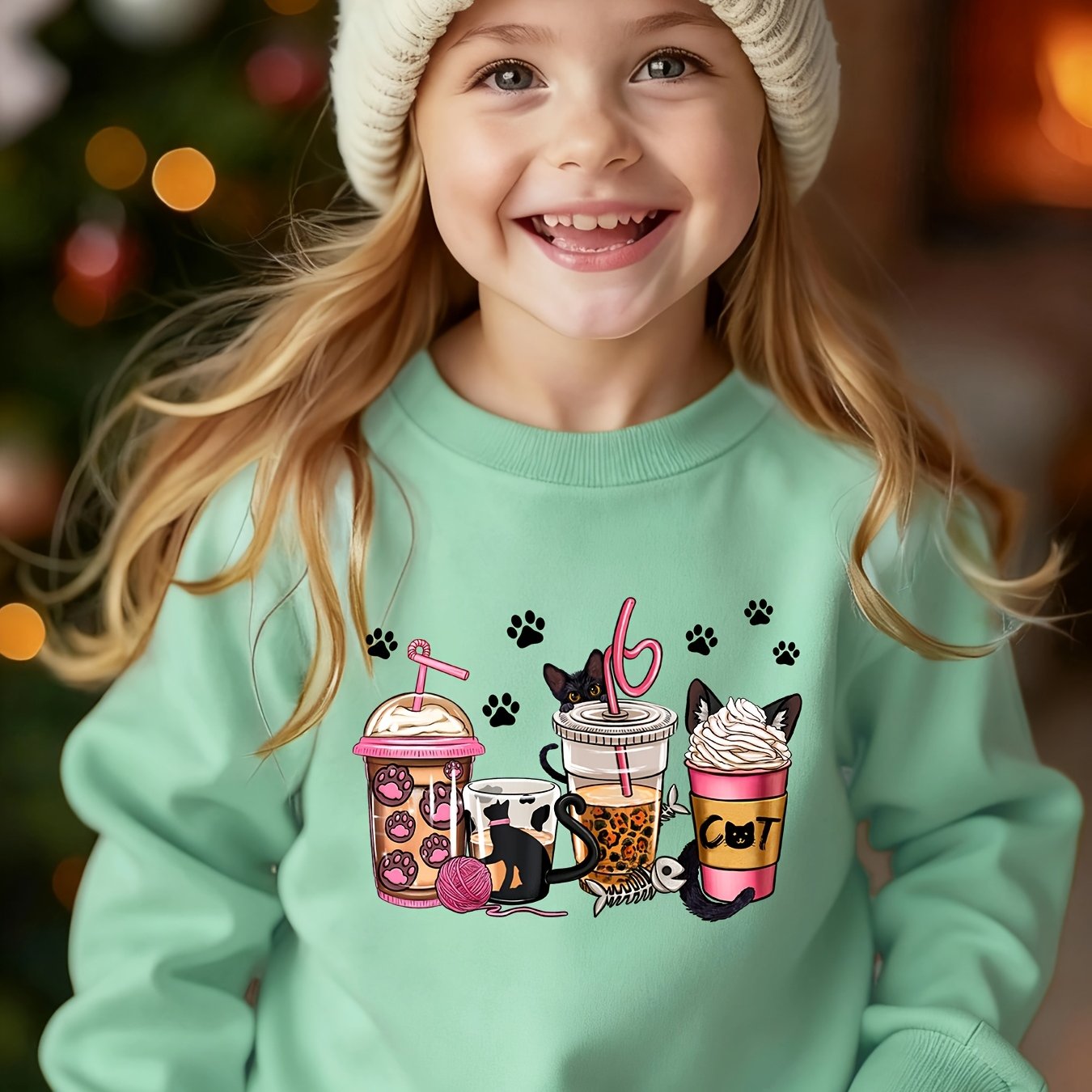 Girls' Autumn/ -lined Crew Neck Sweatshirt With Cat Paw And Coffee Beverage Print, Versatile Casual Top
