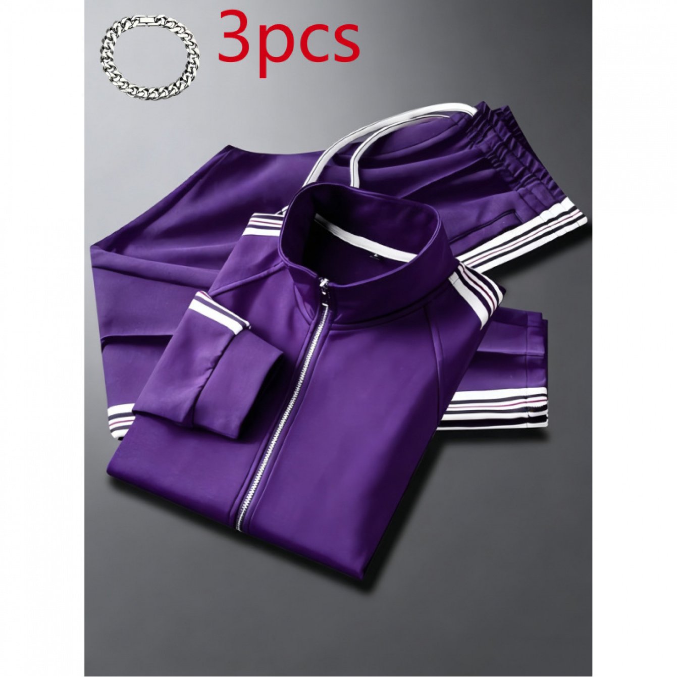 TEMU Men's 3pcs Striped Tracksuit Set - Zip-up Stand Collar Jacket And Sweatpants, Striped Trim Athletic Outfit, Machine Washable Matching Tracksuit