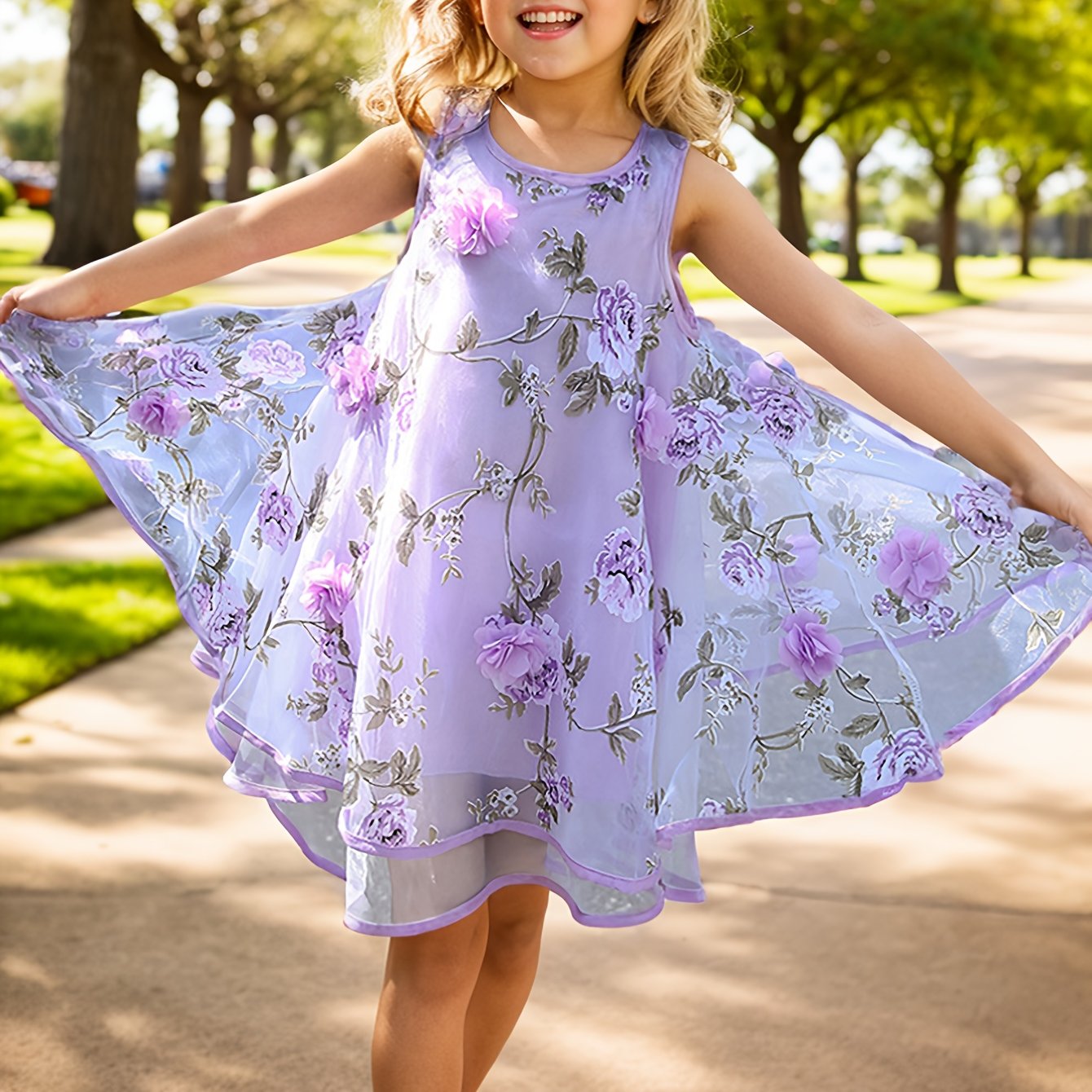 Image of Girls' Double-layer Chiffon Print Dress Summer Wear 3d Floral Little Girl Big Girl Beach Dress Vest Short Skirt