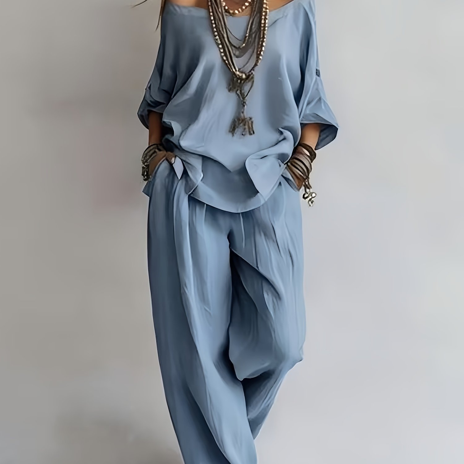 TEMU Women's Summer Casual Loose-style Off-the-shoulder Top And Wide-leg Pants 2pcs Set