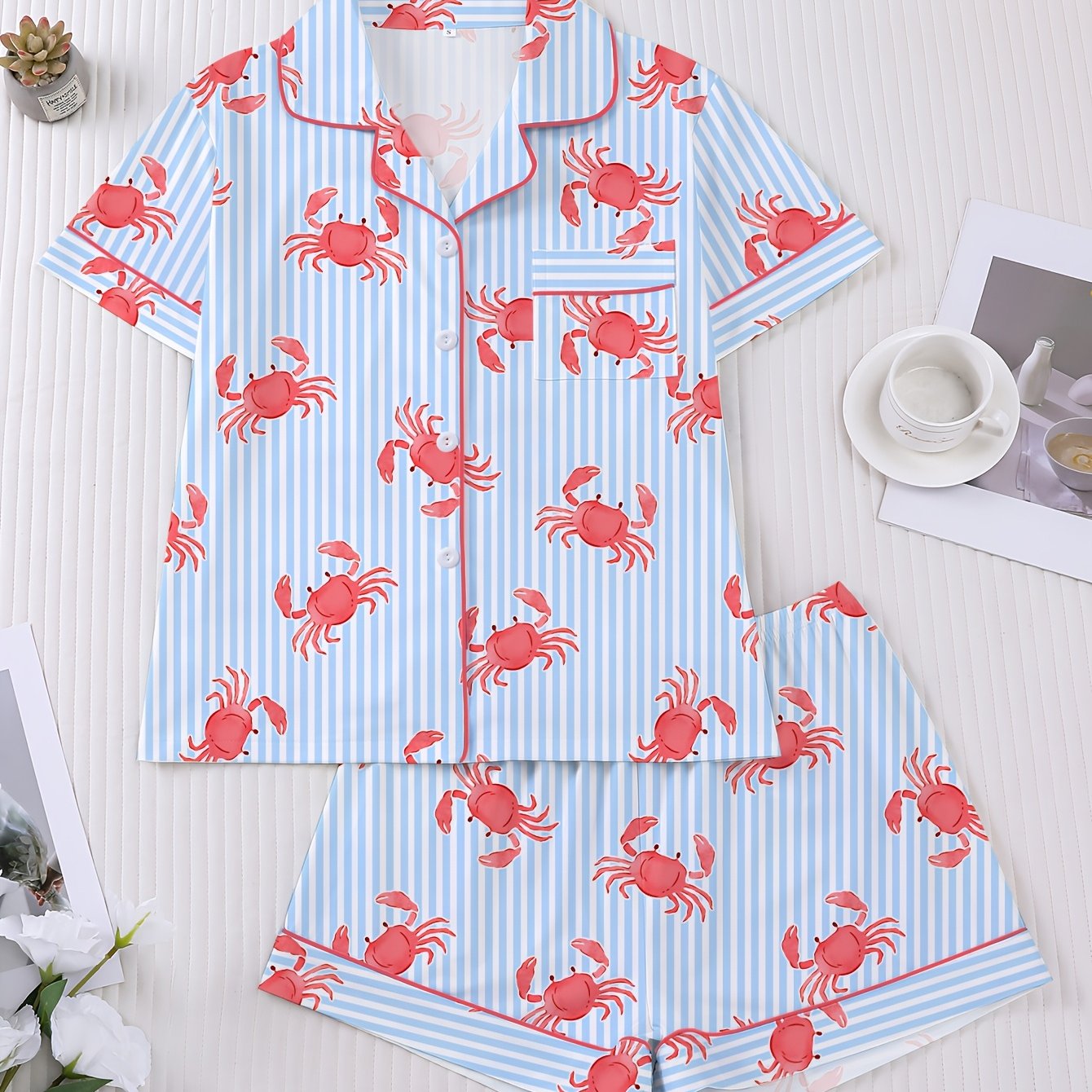 TEMU 2pcs Women's Pajama Set, Featuring A Print, Includes A Short-sleeve Button-up Lapel Top And Loose-fitting Elastic Shorts, A Pretty And Stylish