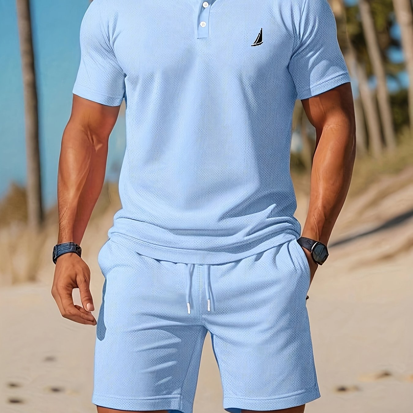 E-shop Herren Freizeit-Sportshirt und Shorts Set - Segelboot-Druck Design Kurzarmhemd mit Knopfkragen - Elastische Bund mit Kordelzug, Lockere Shorts