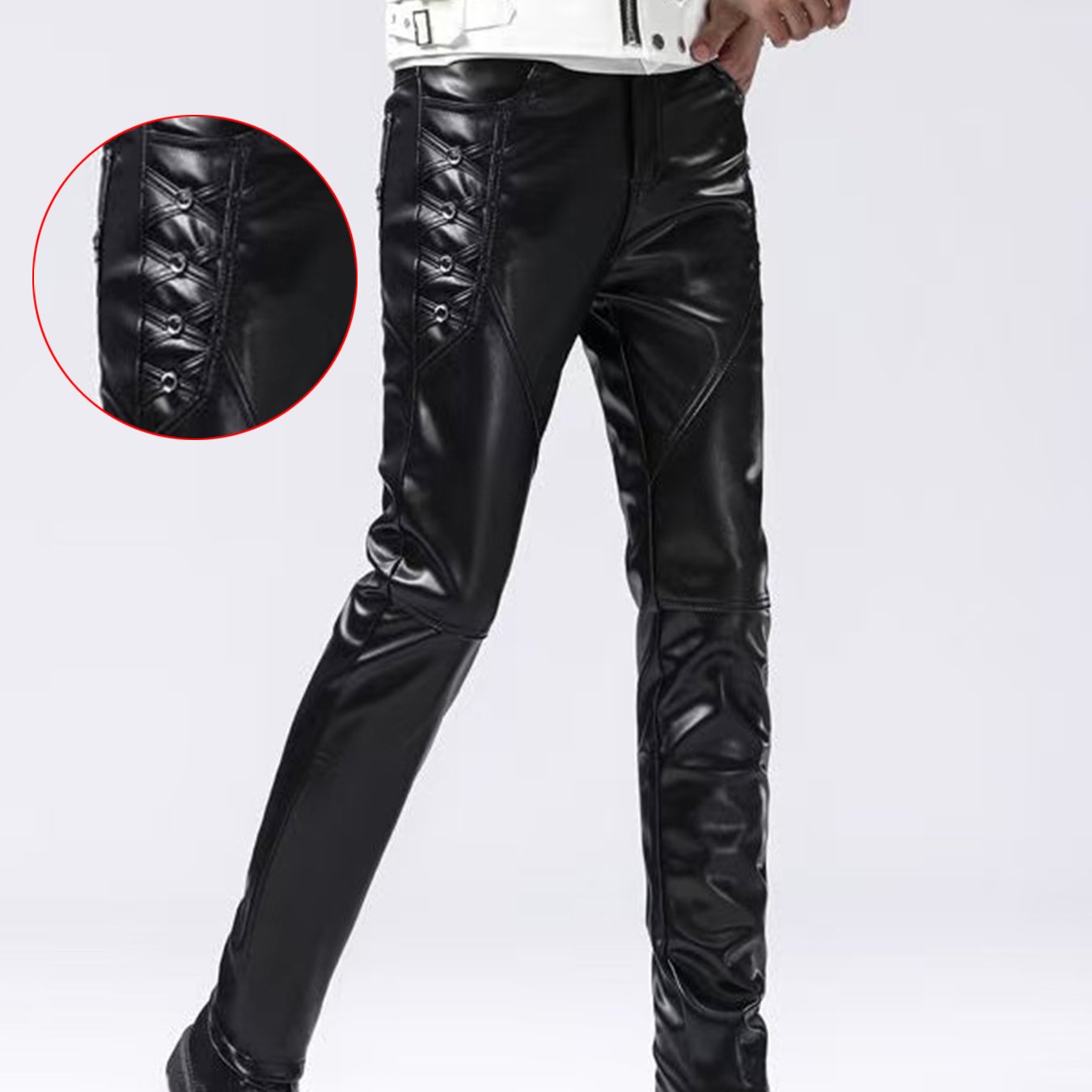 Image of Mens Black Biker Pants Slim Fit Stitched Design Motorcycle Riding Stylish Skinny Trousers