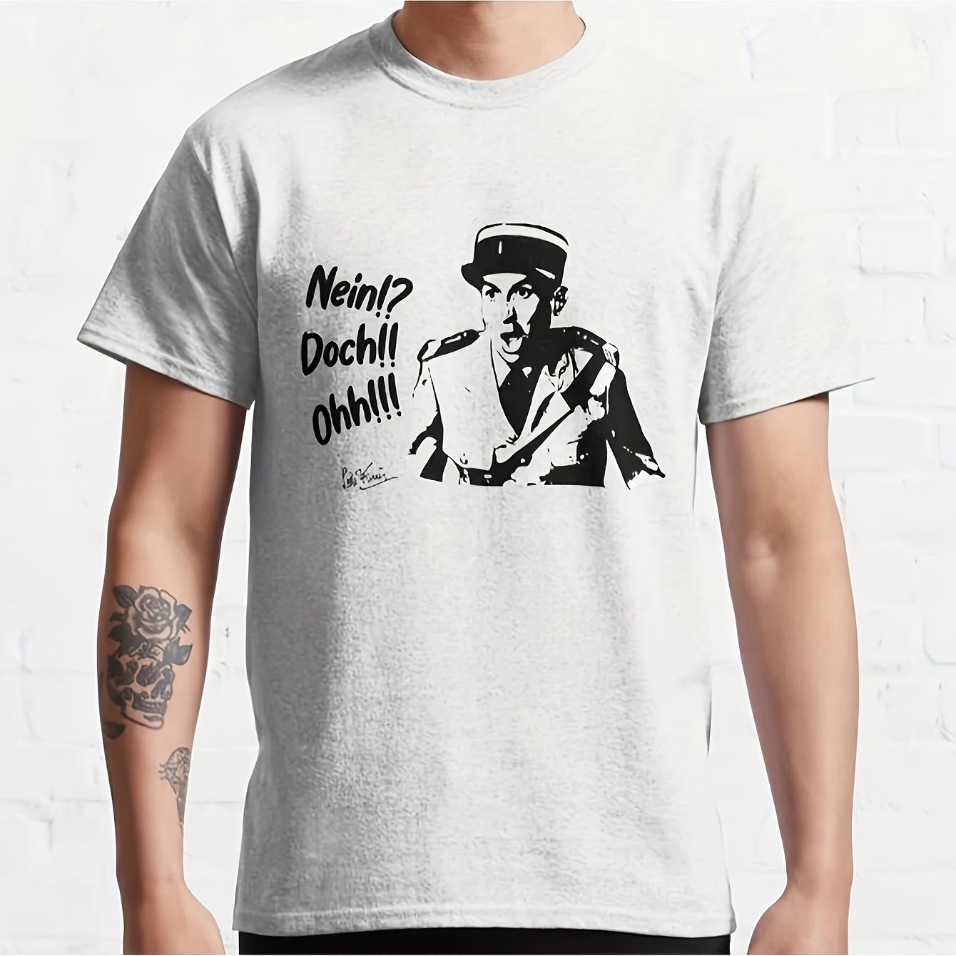 Image of Men' De "nein Doch!! Ohh!" Vintage French Film Icon T-shirt - Light Grey Retro Tee With Signature , Casual Round Neck Shirt For Gym & Casual Attire, Machine Washable Designer Retro Style