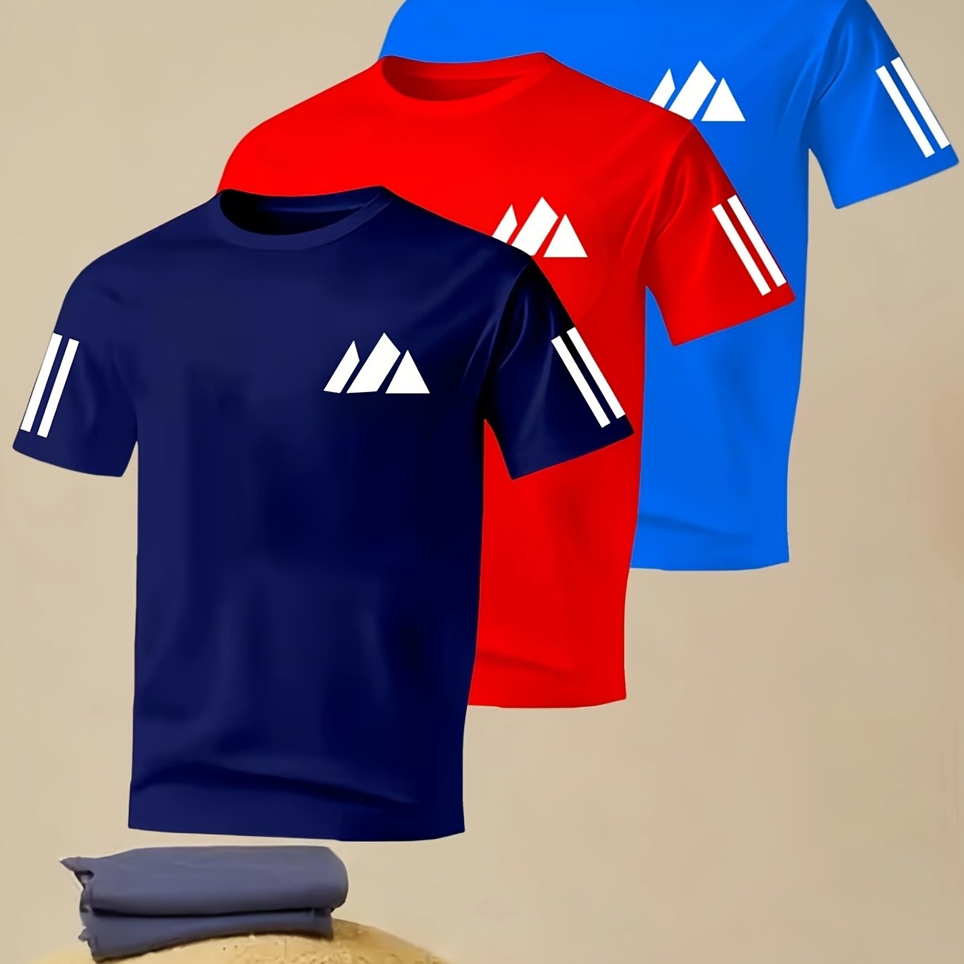 TEMU 3pcs Set Of Trendy All-match Fitness T-shirts, Striped Mountain Pattern Print, Classic Round Neck Design, Stretch Fabric, Skin-friendly And
