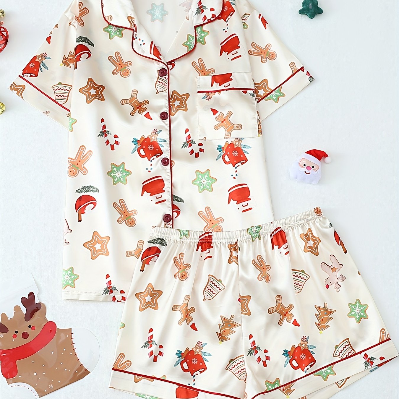 TEMU Summer Christmas Cartoon Print Collar Short Sleeve Shorts Teenager's Set, For Teenager, For Teenager