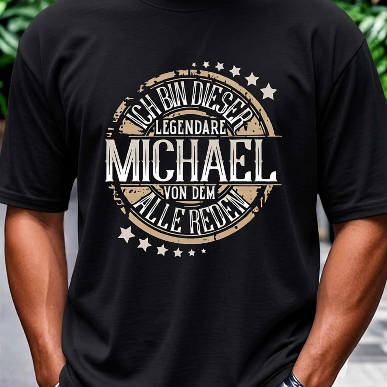 Image of Plus Size Men's T-shirt With German Name Michael Vintage German Text Design With Ich Binns Mich Michael - Casual Round Neck, Bohemian Style, Fit, Golden Lettering - Birthday