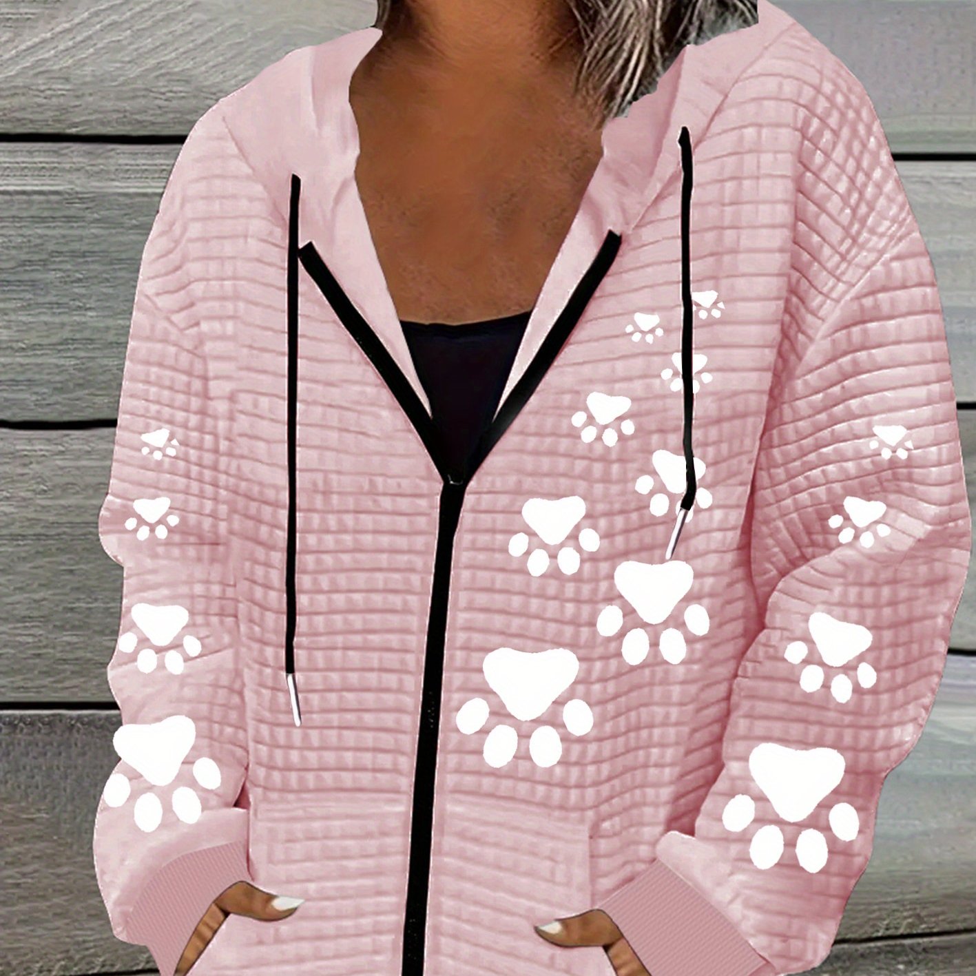 Cute Cat Paw Print, Ladies' Casual Waffle Zipper Hooded Jacket With Drawstring-polyester Fiber, Machine Washable, Geometric Pattern.
