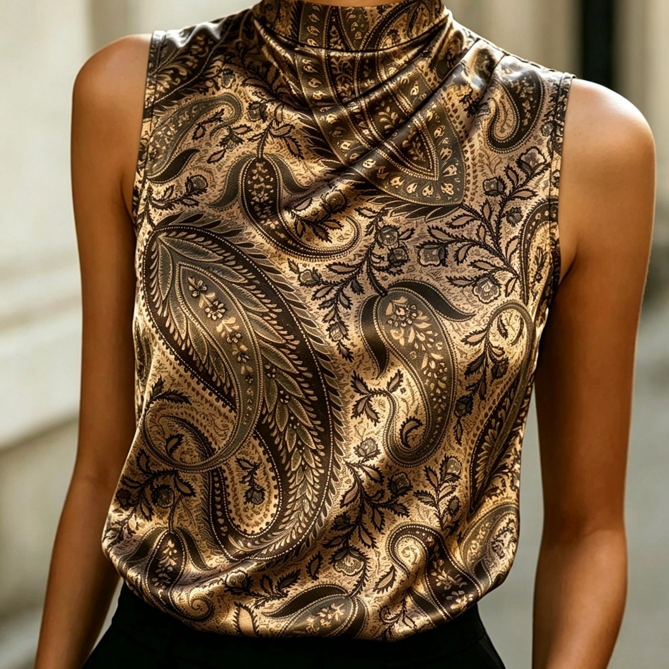 Image of Women's Summer Tops Satin Sleeveless Blouse Collar Tank Top Metallic Paisley Print Elegant Comfortable Summer Women's Apparel Fashion Ideal For Dates Daily Wear Perfect Gift Option
