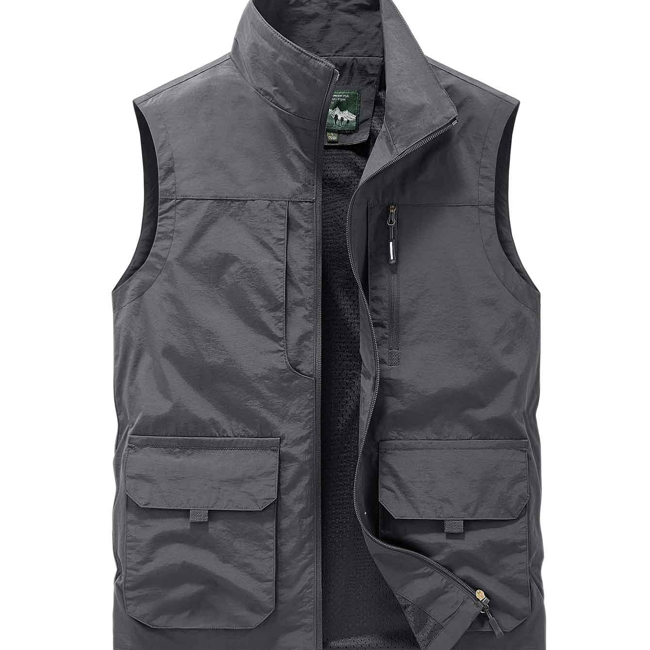 TEMU Obm High-quality Multi-pocket Large Pocket Solid Color Fishing Vest Men's Casual Fashion Vest Hiking Outdoor Minimalist Vest For Men