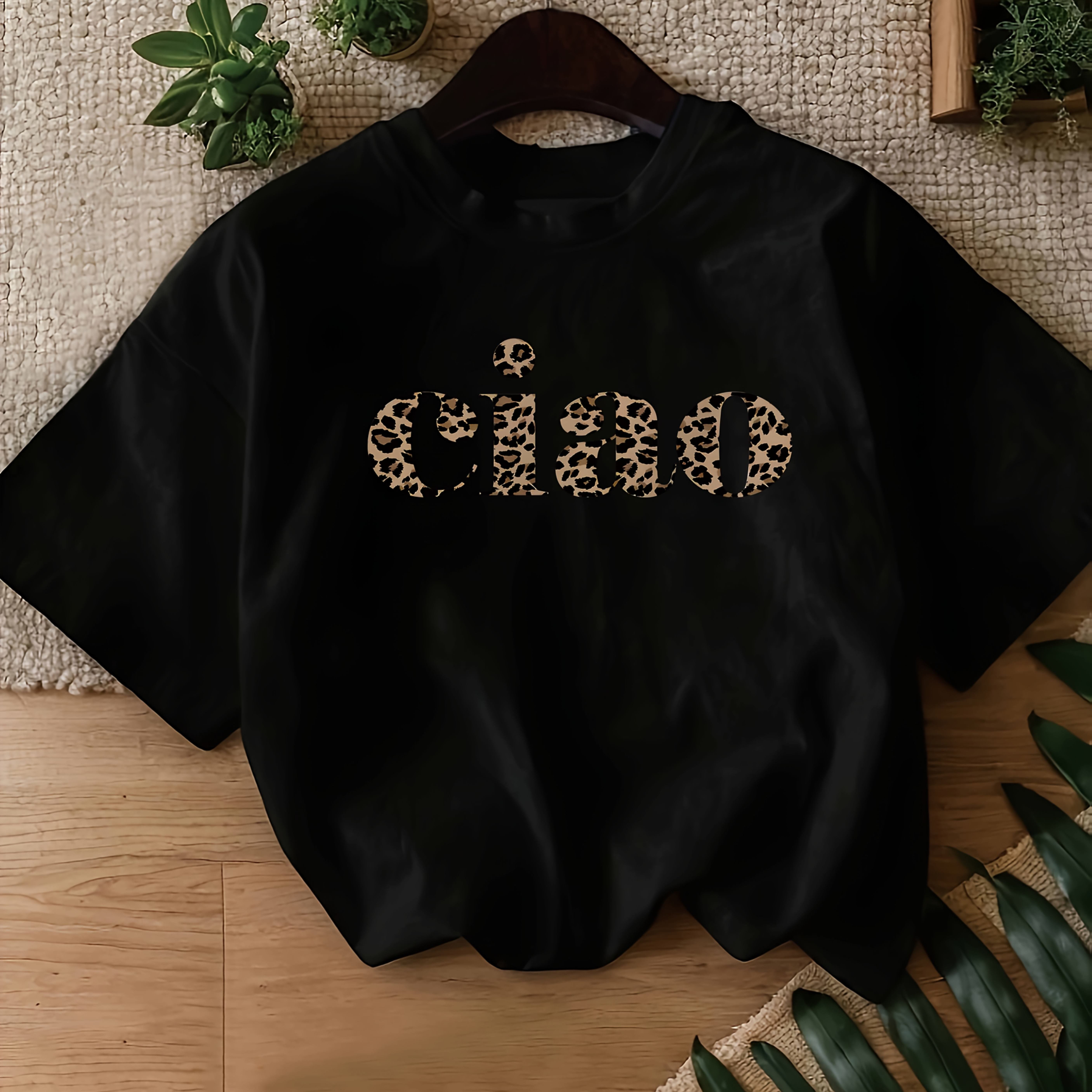 E-shop Leopard & Letter Druck Damen Casual Sommer Rundhals Kurzarm T-Shirt, Weich und Bequem Leichte Mischung, Maschinenwaschbar, Ganzjährig Geeignet,