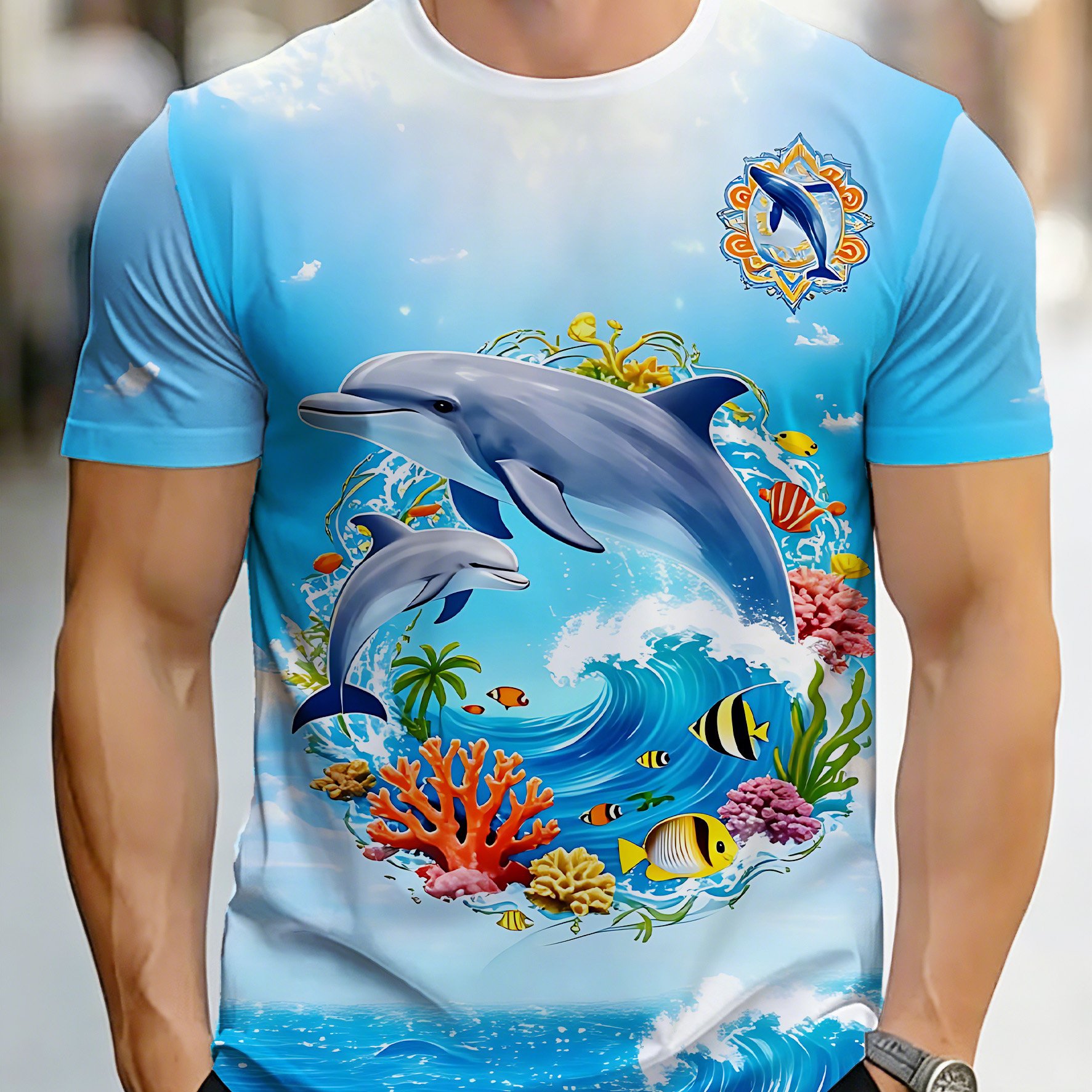 TEMU Summer Men' Blue Gradient Round Neck Short Sleeve T-shirt Full Length Digital Print Waves Coral 2 Tropical Colorful Small Fish Palm Trees Ocean
