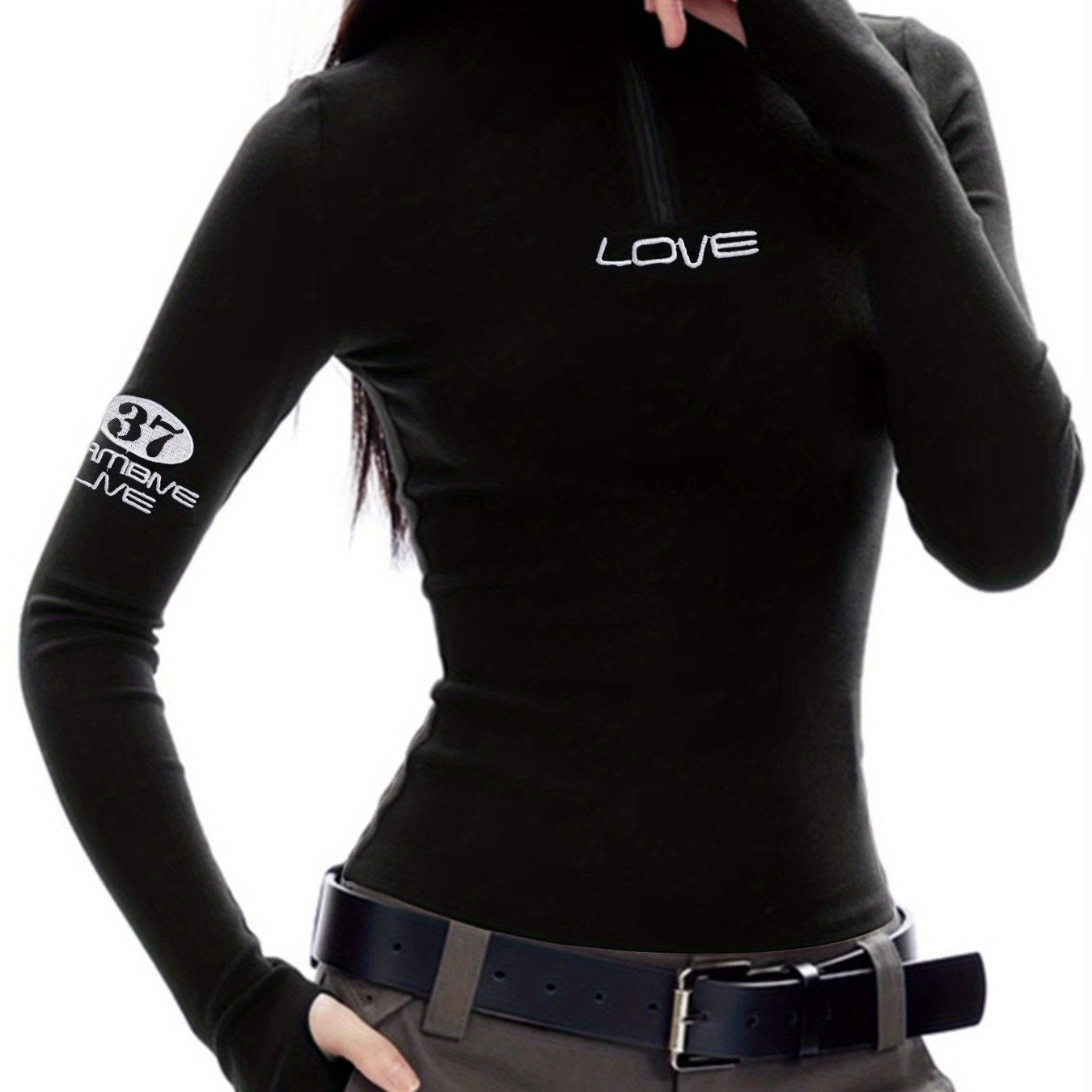 Image of Zipper Stand Collar Curved Long Sleeve T-shirt For Women, Semi-high Neck Base Layer Top