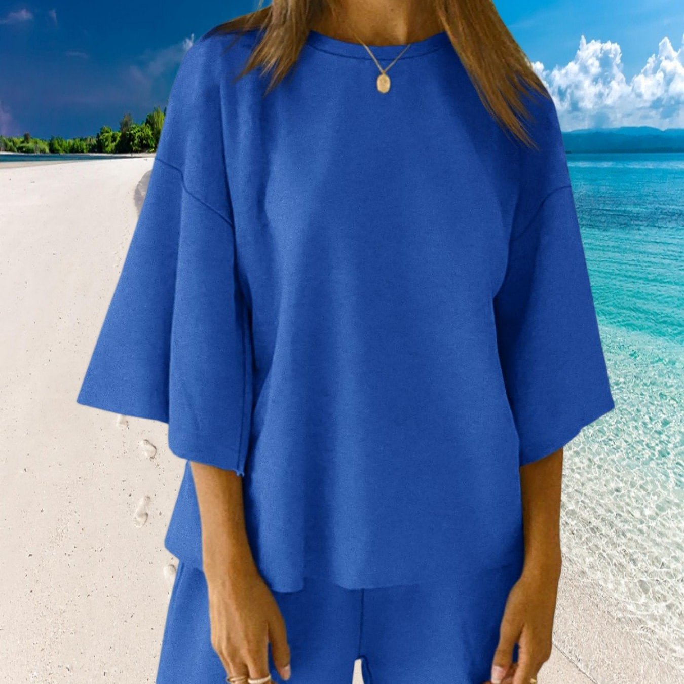 Casual Two-piece Set For Women, Featuring An Oversized Top With 3/4 Sleeves And Elastic Waist Shorts, Wear In The Summer And Spring