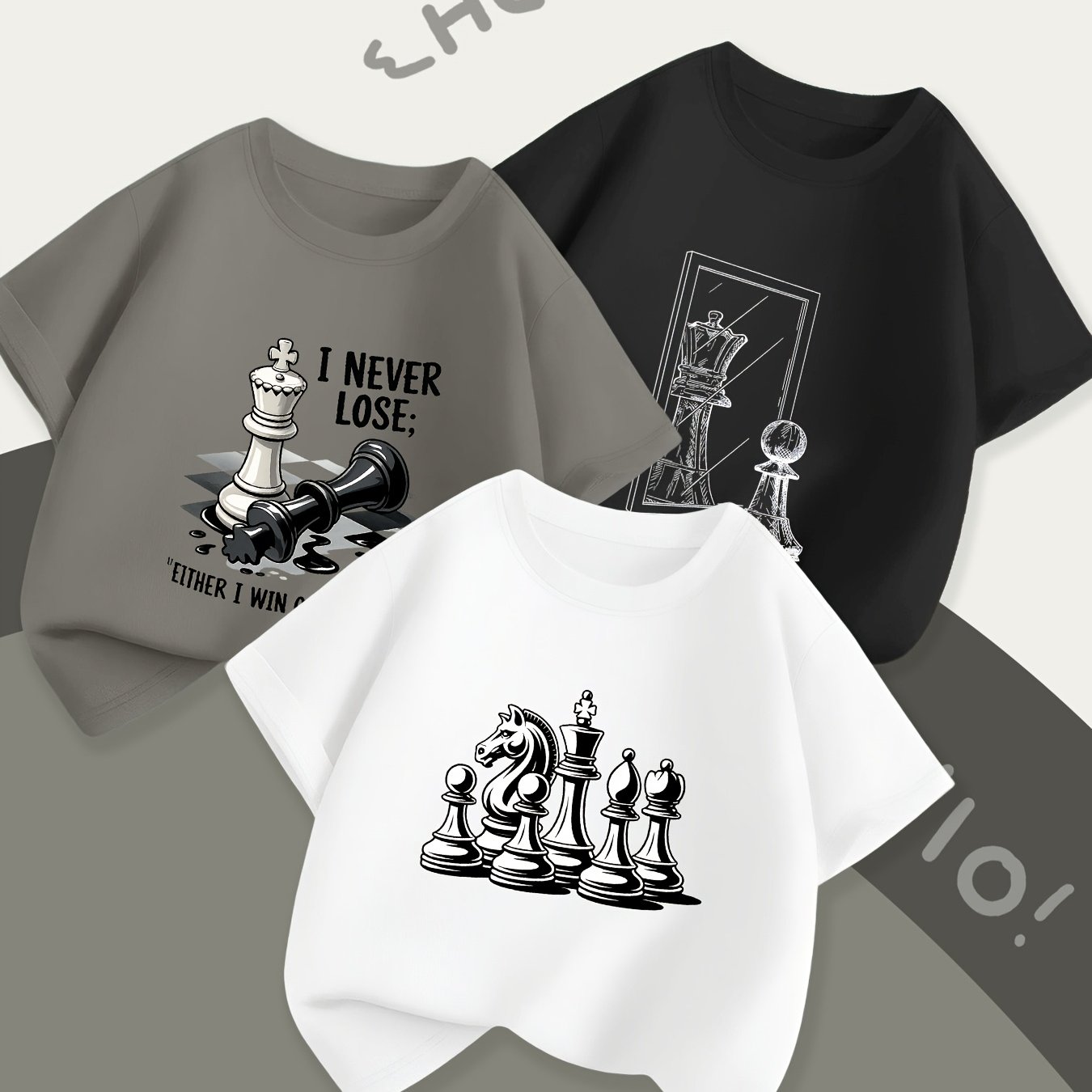 3pcs Boys' Chess-Themed Breathable Round Neck T-Shirts