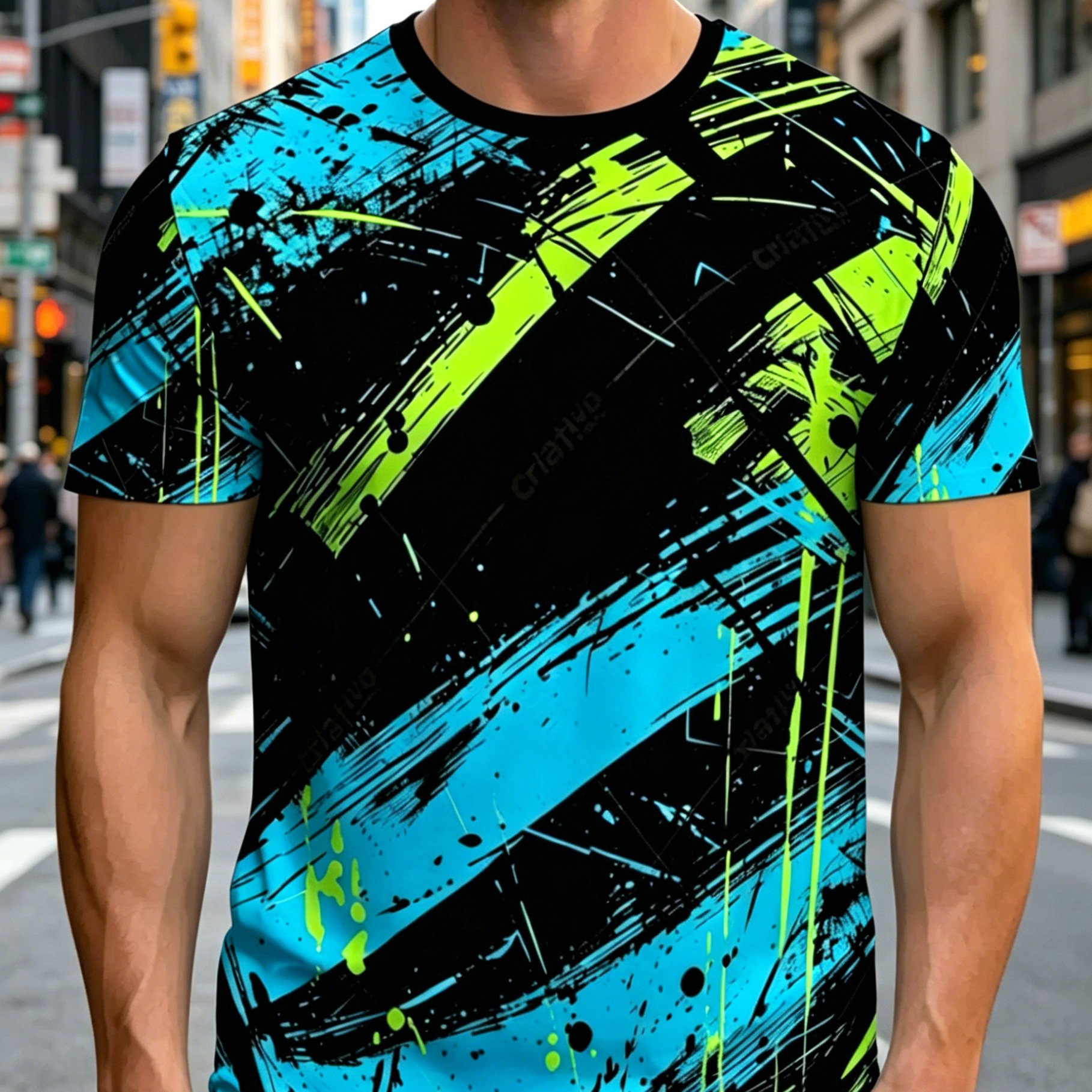 TEMU Men's Neon Green & Blue T-shirt - Breathable Abstract Round Neck Tee Suitable For Gym, Outdoor, Casual Wear | Machine Washable Comfortable