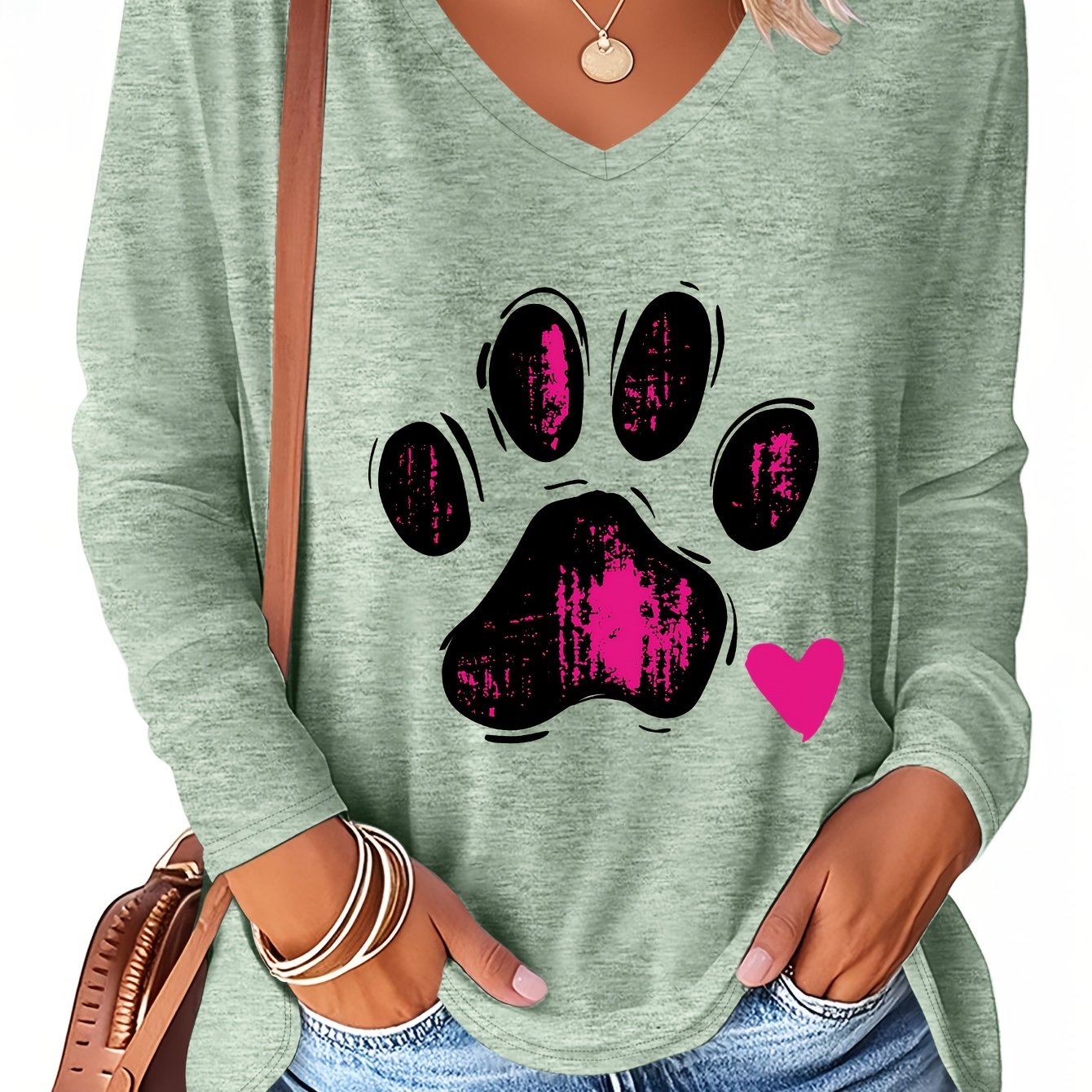 TEMU Plus Size, /summer Size Women's Casual V-neck Long Sleeve T-shirt With Pink Heart And Print, Rayon/spandex Blend - Soft, , Machine Washable,