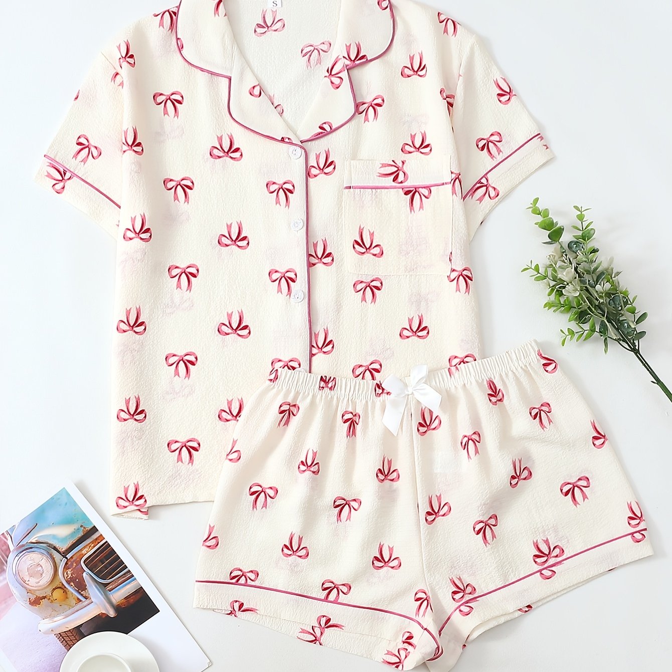 TEMU Spring Summer Women's Bubble Print Trimmed Button Casual Pajama 2pcs Set. Comfortable Button-up Top And Elastic Waist Bow Shorts