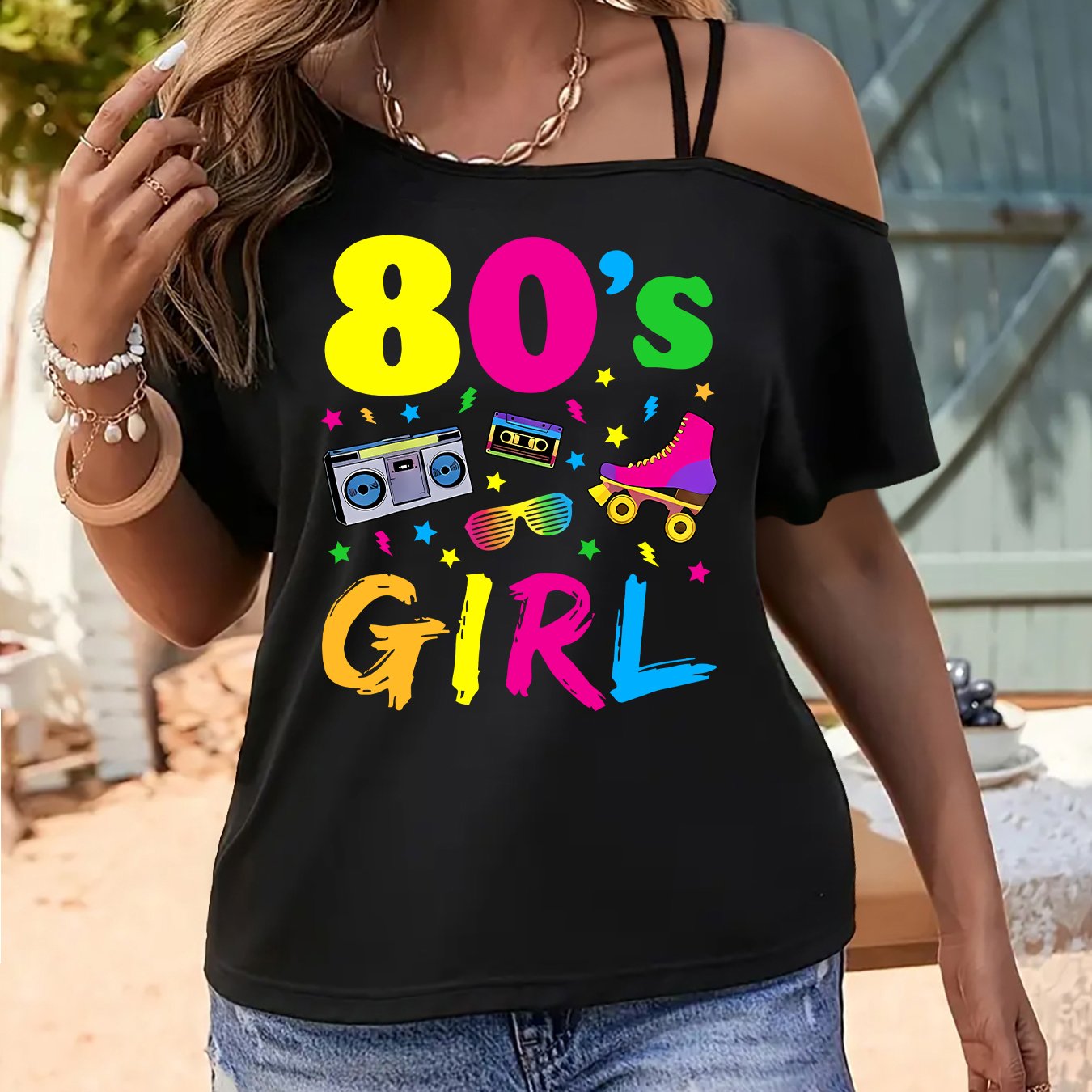 TEMU Beautiful Elegant Plus Size Women's Clothing 80s Colorful Letter Retro Radio Tape Skate Shoes Sunglasses Fashion Elegant Party With Gift Soft
