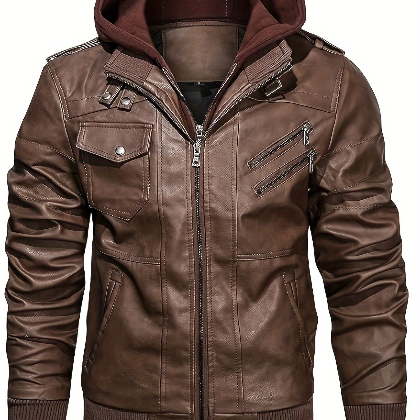 TEMU Men's Casual Stand Collar Pu Faux Leather Zip-up Motorcycle Jacket With Removable Hood
