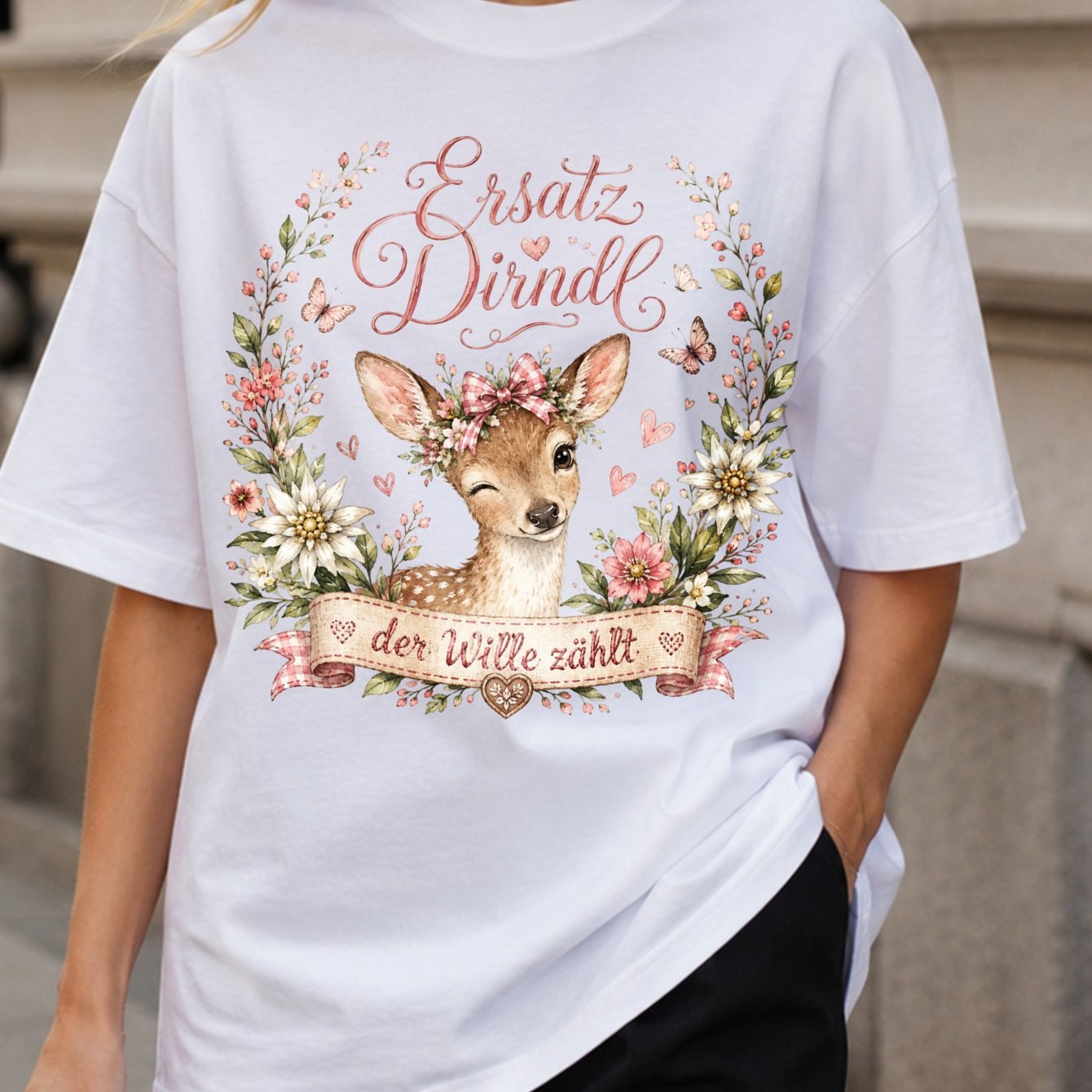 Image of Women's Dirndl T-shirt - Traditional Deer Antlers & , Casual Suitable For Oktoberfest, Themed Parties, Machine Washable Dirndl For Wear