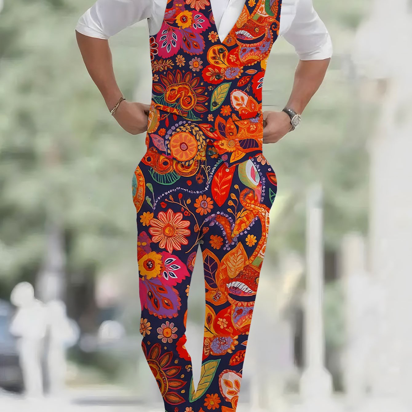 TEMU Men's Fashion Two-piece Set Featuring A Vest And Trousers With A Colorful Floral Paisley Pattern, A Casual Trendy Suit Vest And Pants