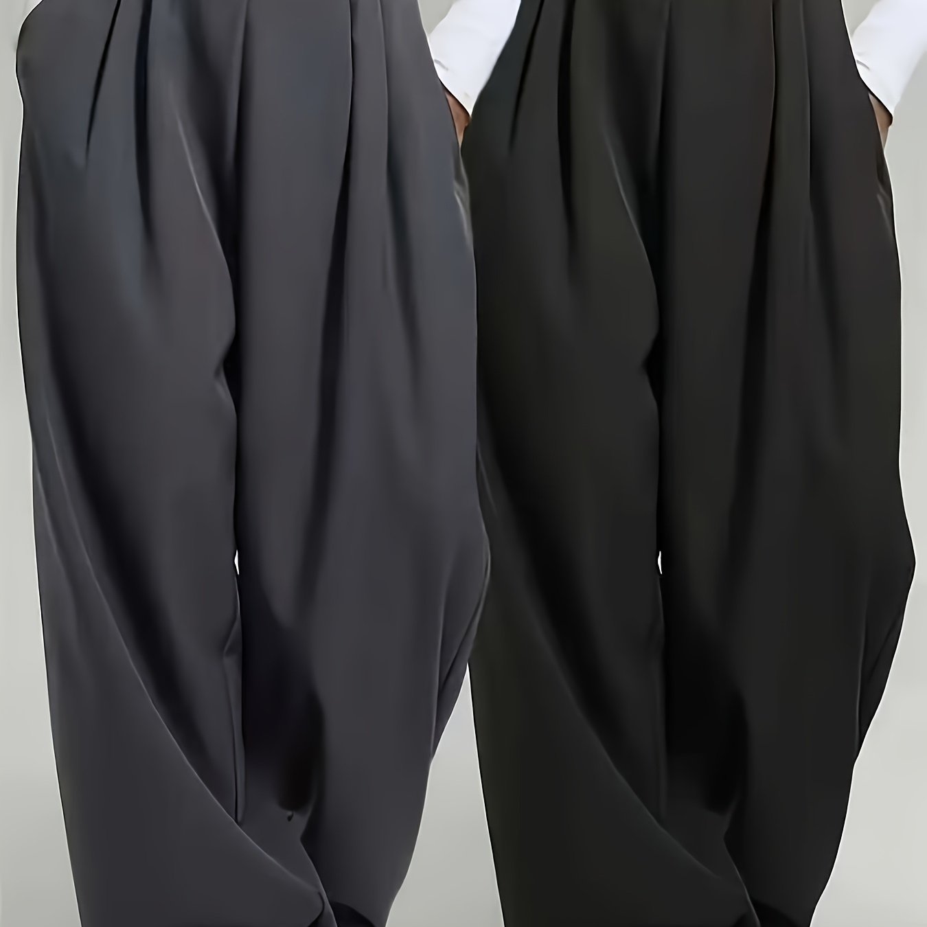 E-shop 2er-Set elegante Damenhosen mit weitem Bein, vertikalen Falten und Taschendesign - Graue und schwarze High-Waist-Hosen in voller Länge,