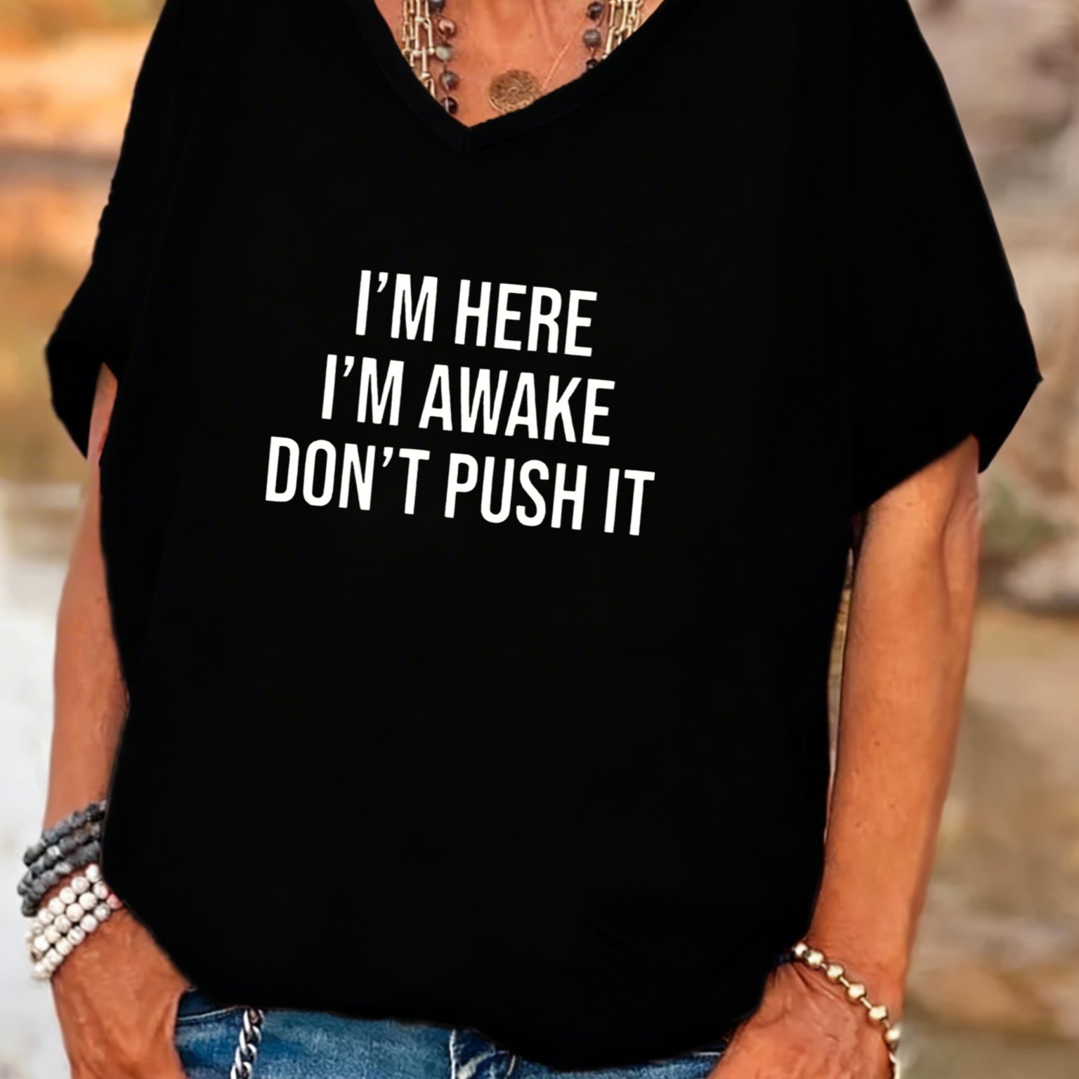 TEMU Plus Size - Plus Size - Big Size Women V Neck Batwing Sleeve Short Sleeve T Shirt I M Awake Don T Loose Top For Everyday Wear Outing And Travel