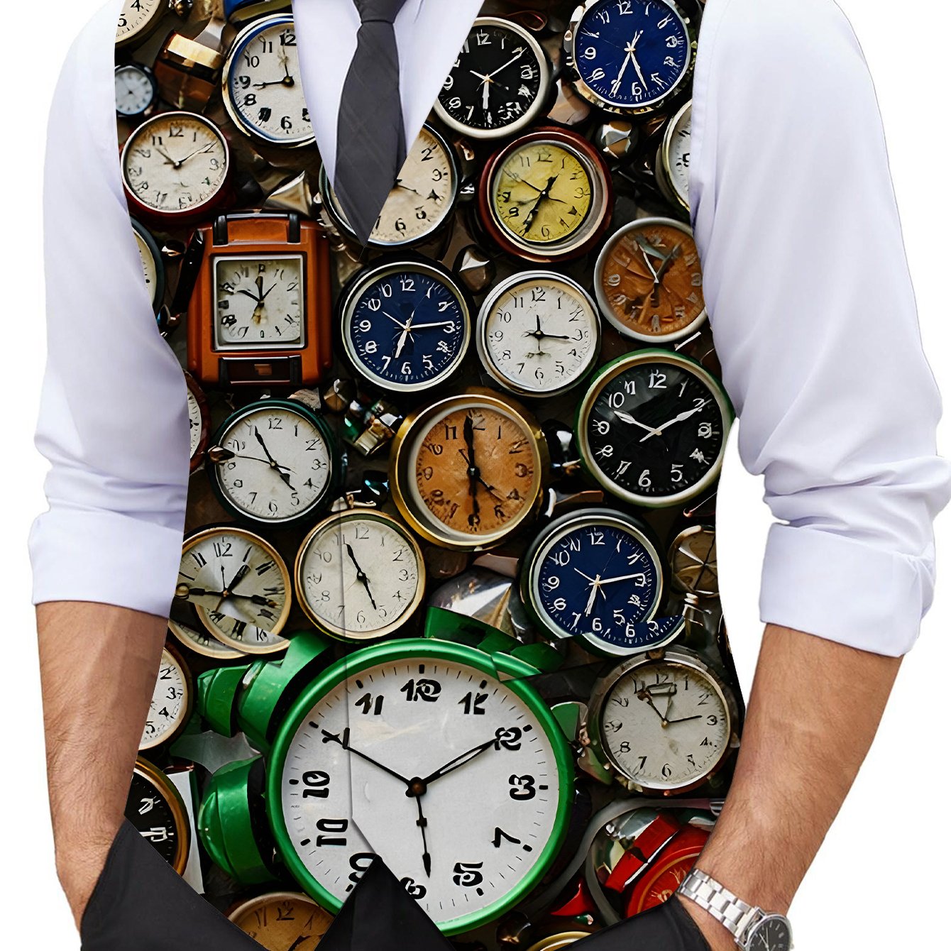 TEMU Men'-layer Vest With Clock Print, Colorful Clock-themed Suit Vest, Men's Colorful Vest, Soft, Comfortable, -friendly, And Delicate Casual Vest