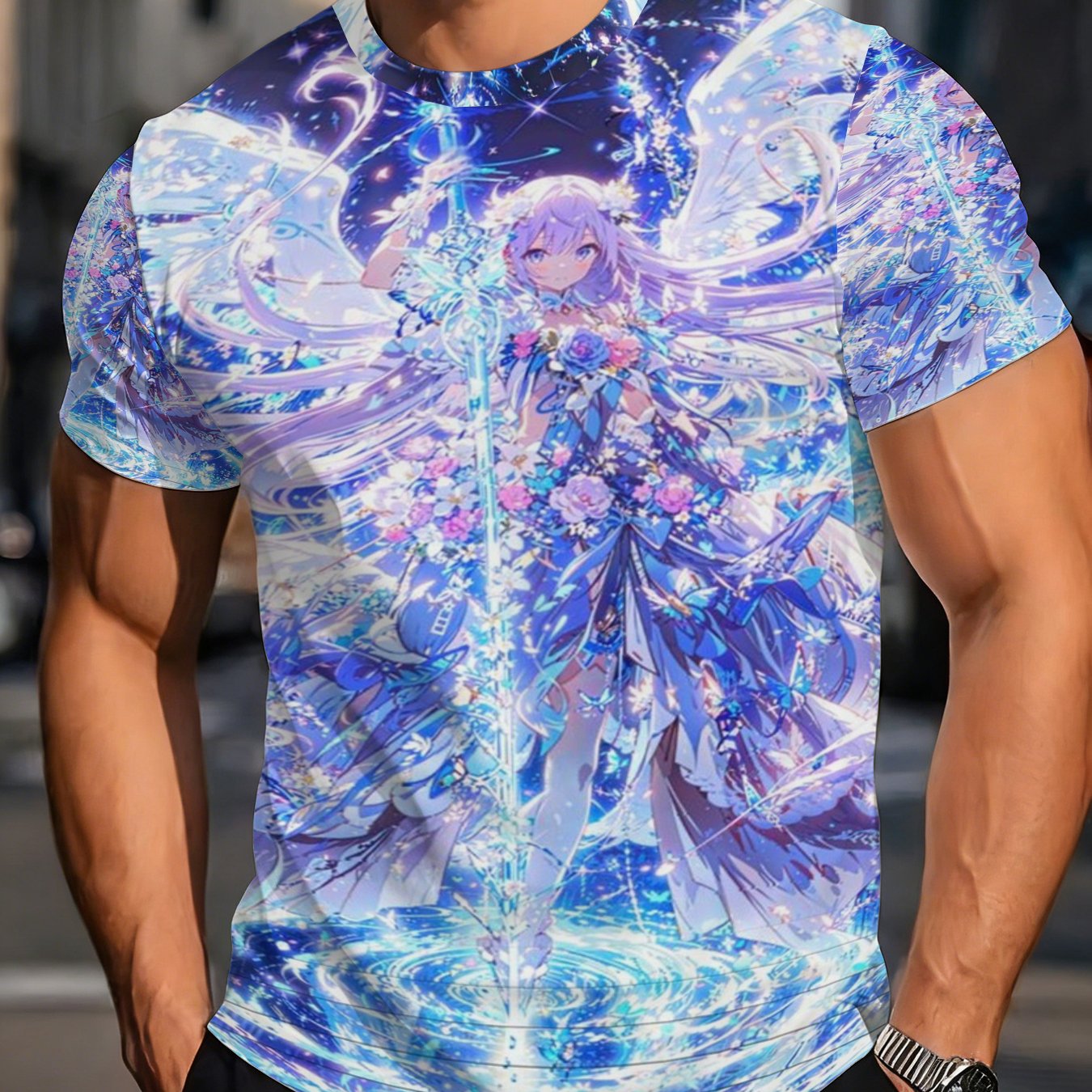TEMU Elf Girl T-shirt, 2d Top, Aesthetic Wing And Floral Pattern Short Sleeve, Anime Style Casual T-shirt - Unisex