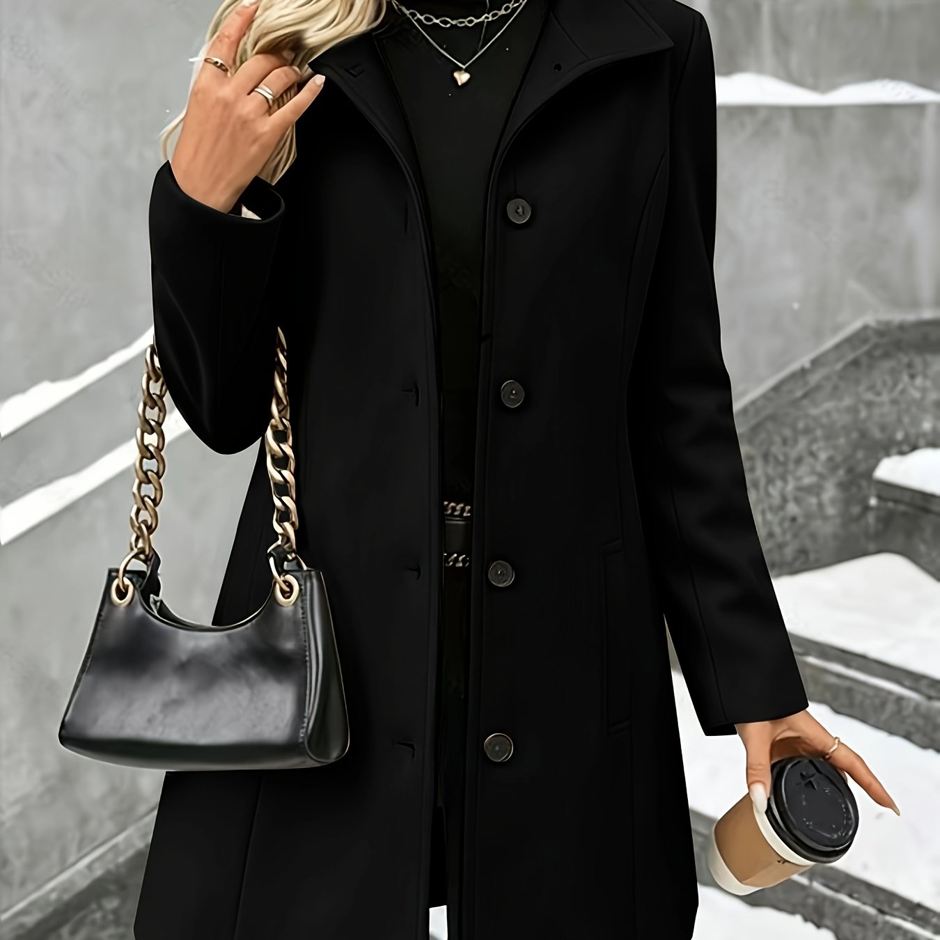 TEMU Fashion Women's Elegant Tweed Coat Trendy Versatile Mid-length Solid Color New Long Sleeve Autumn Winter Coat