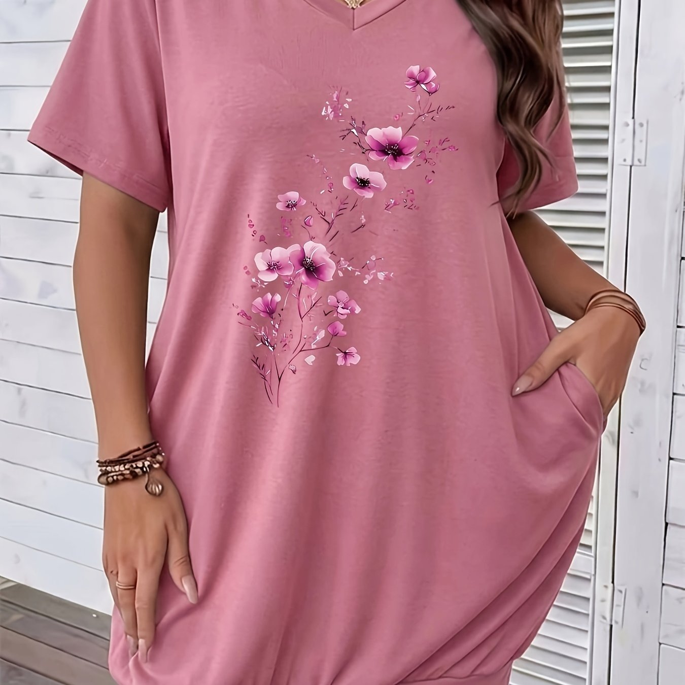 TEMU Plus Size, Plus-size Women's Elegant V-neck Top - Solid Color Stretchable V-neck Shirt, Machine Washable Suitable For - Wear, Versatile For